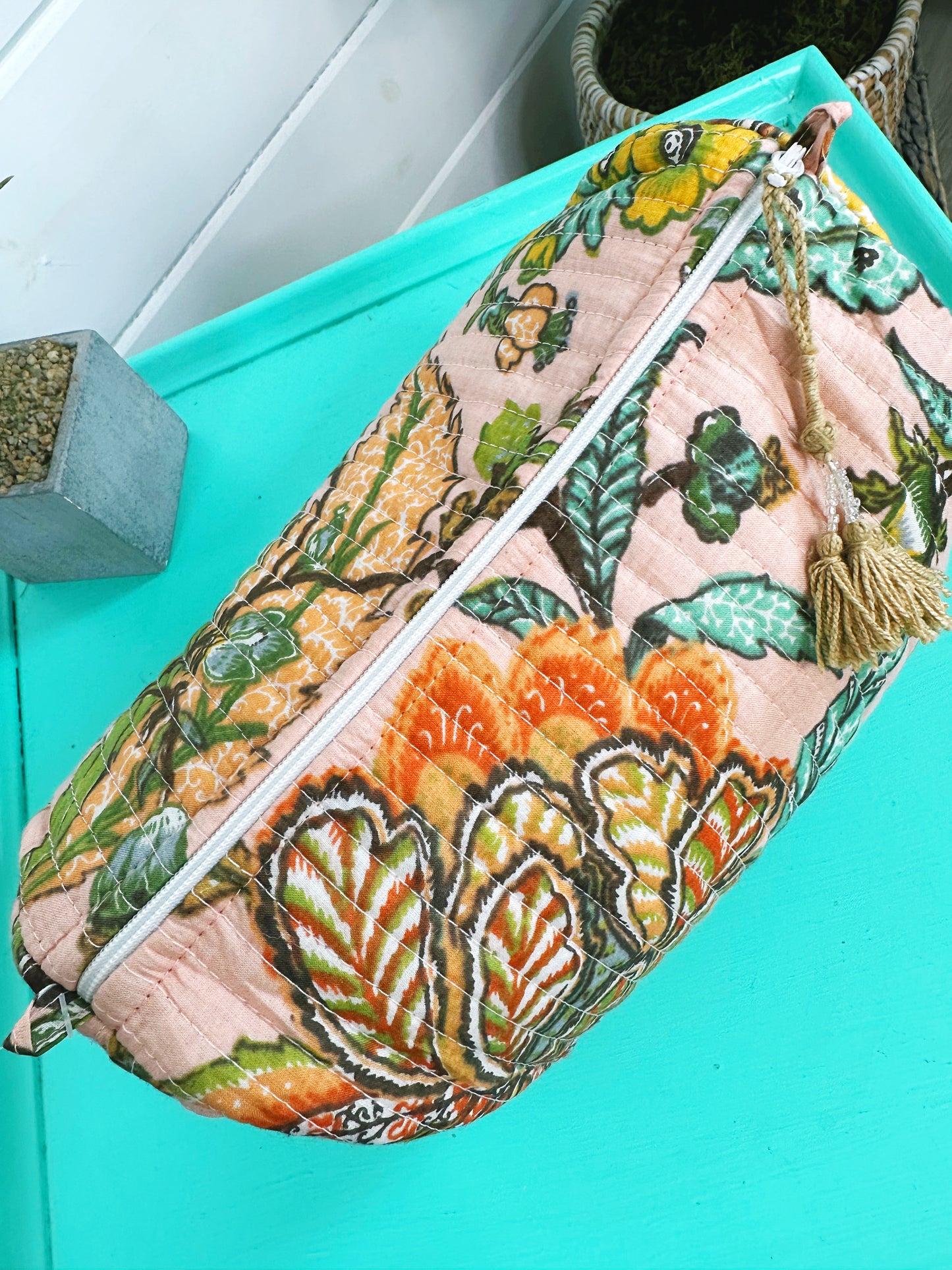 Peach Botanical Quilted Makeup Cosmetics Toiletry Bag