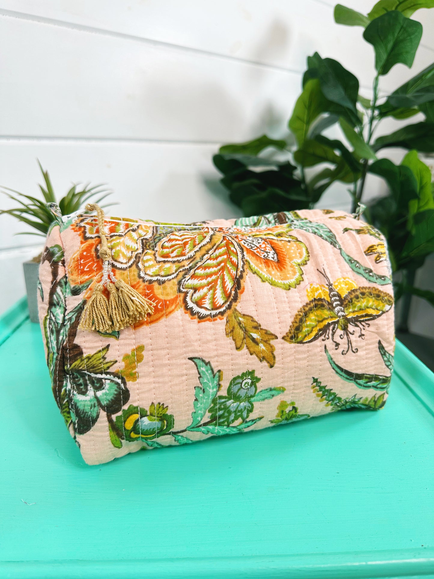 Peach Botanical Quilted Makeup Cosmetics Toiletry Bag