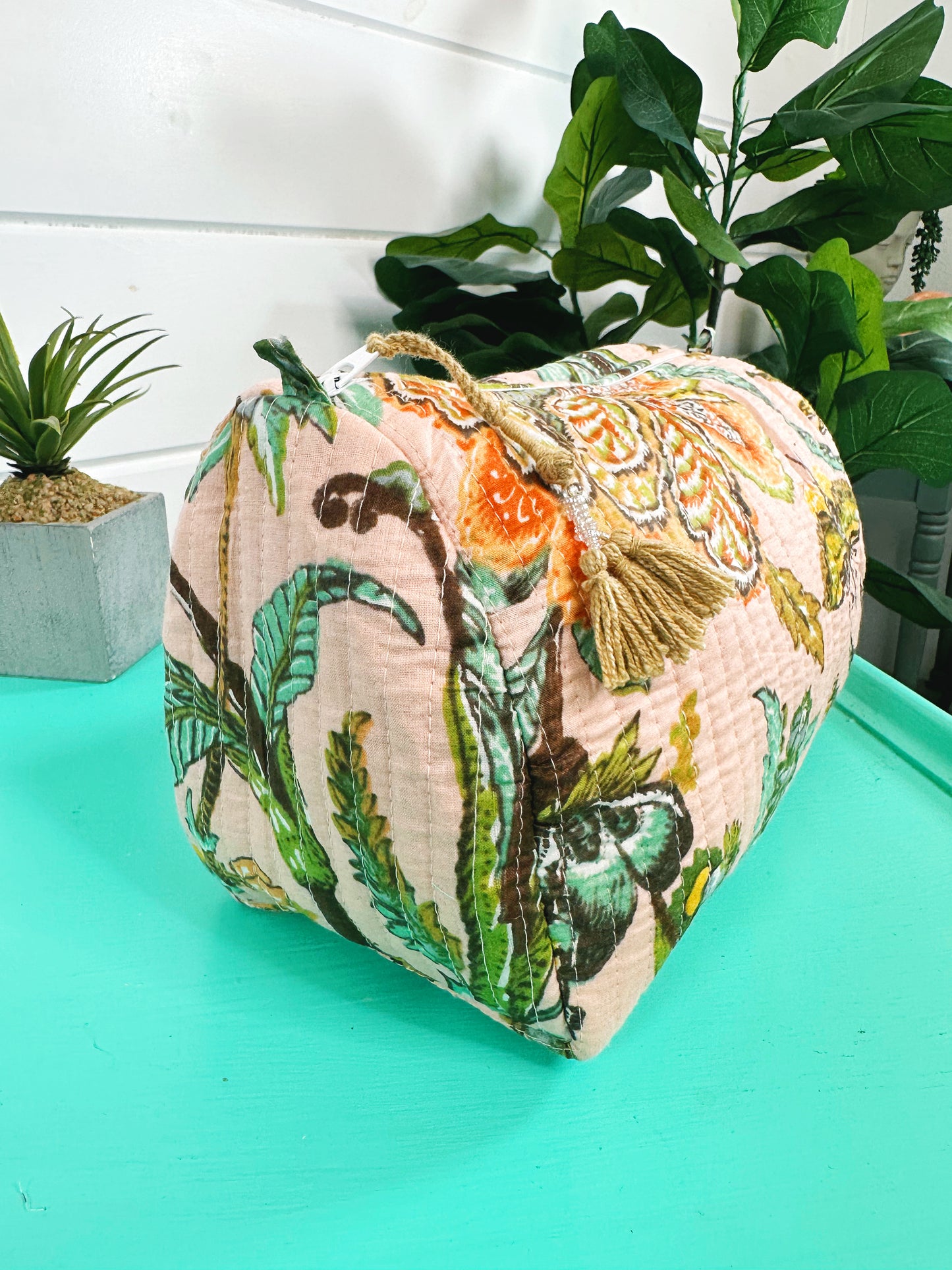 Peach Botanical Quilted Makeup Cosmetics Toiletry Bag