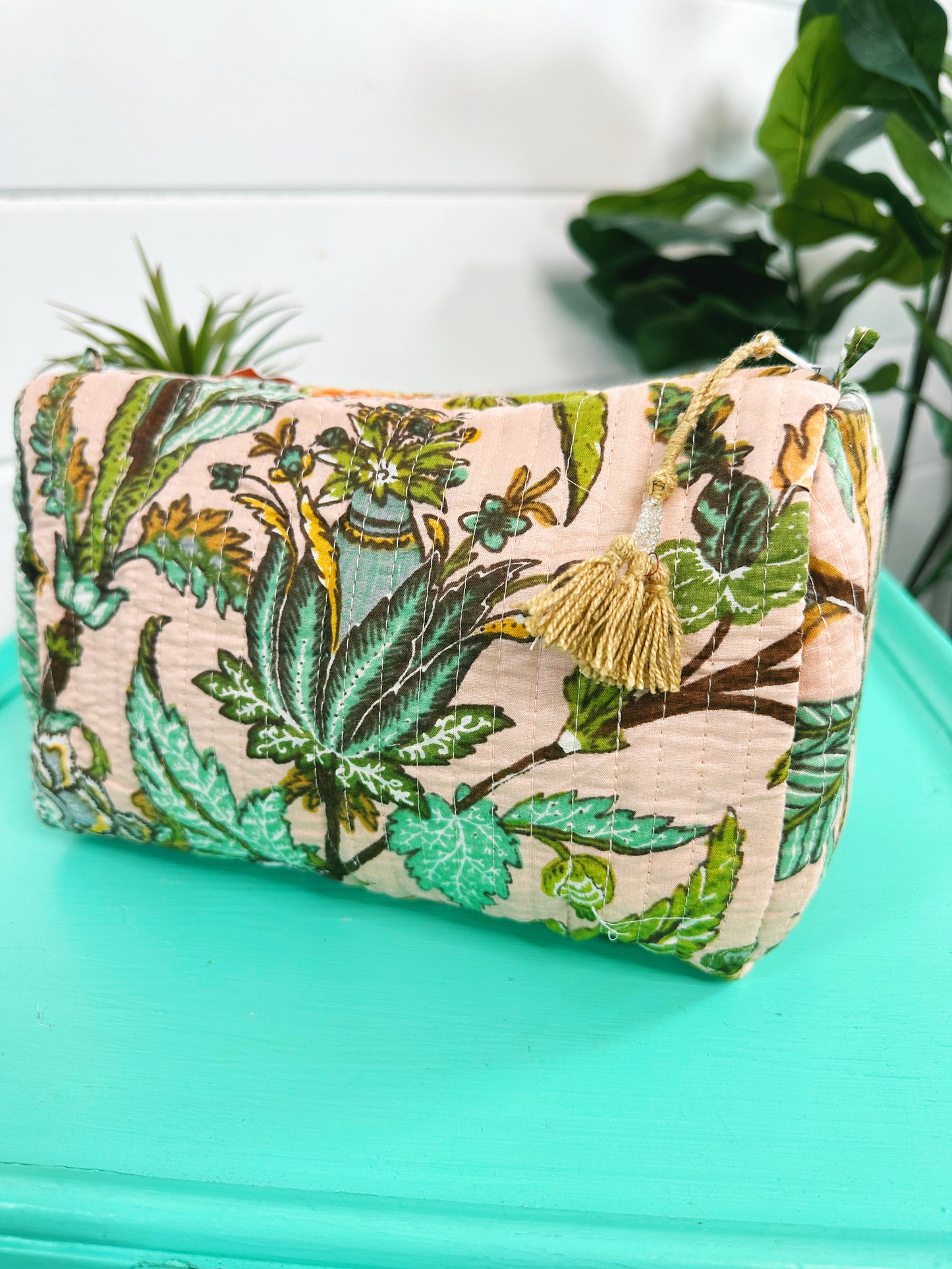 Peach Botanical Quilted Makeup Cosmetics Toiletry Bag