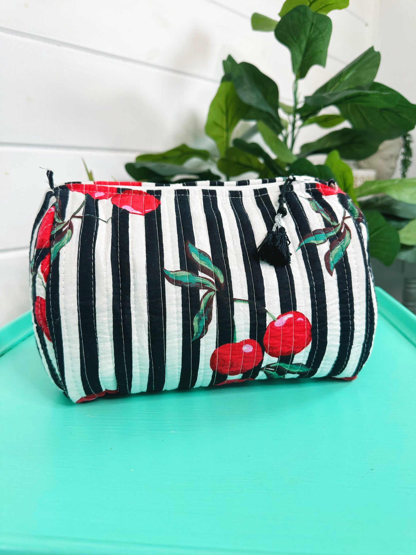Black Cherry Print Quilted Makeup Travel Cosmetics Toiletry Bag