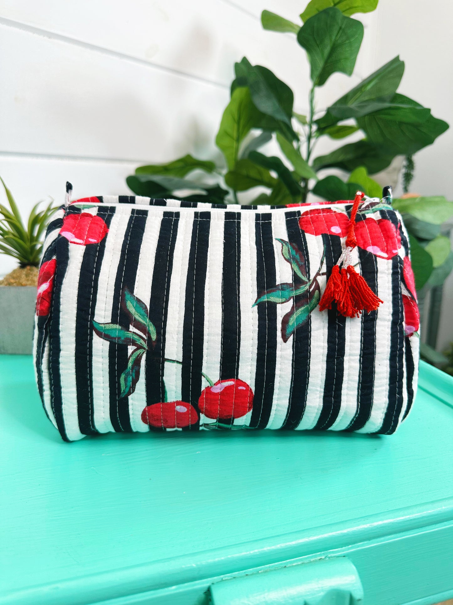 Black Cherry Print Quilted Makeup Travel Cosmetics Toiletry Bag