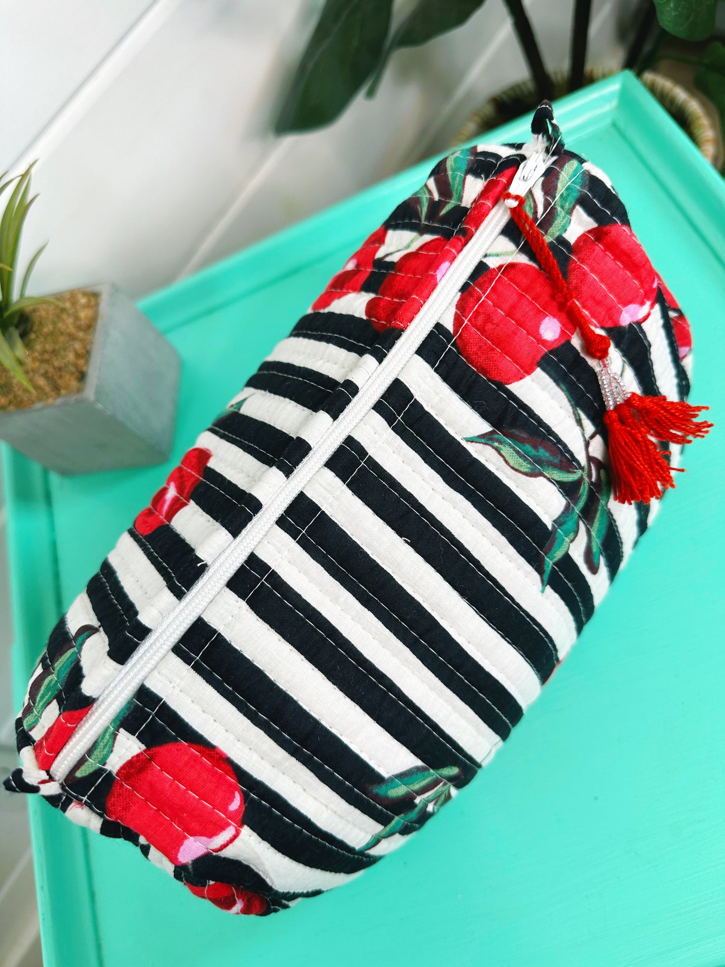 Black Cherry Print Quilted Makeup Travel Cosmetics Toiletry Bag