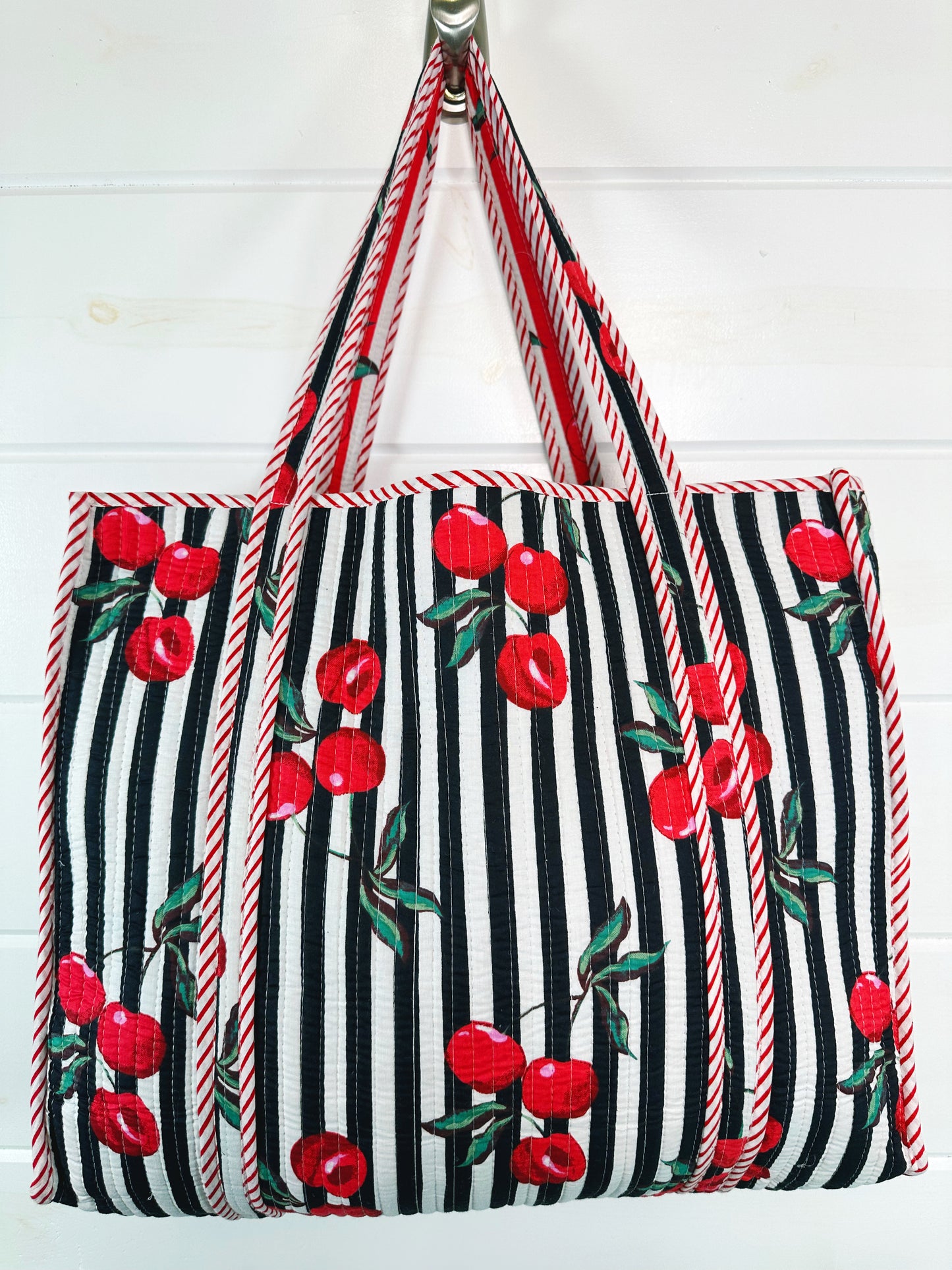 Black Cherry Print Cotton Quilted Large Shopping Tote Bag
