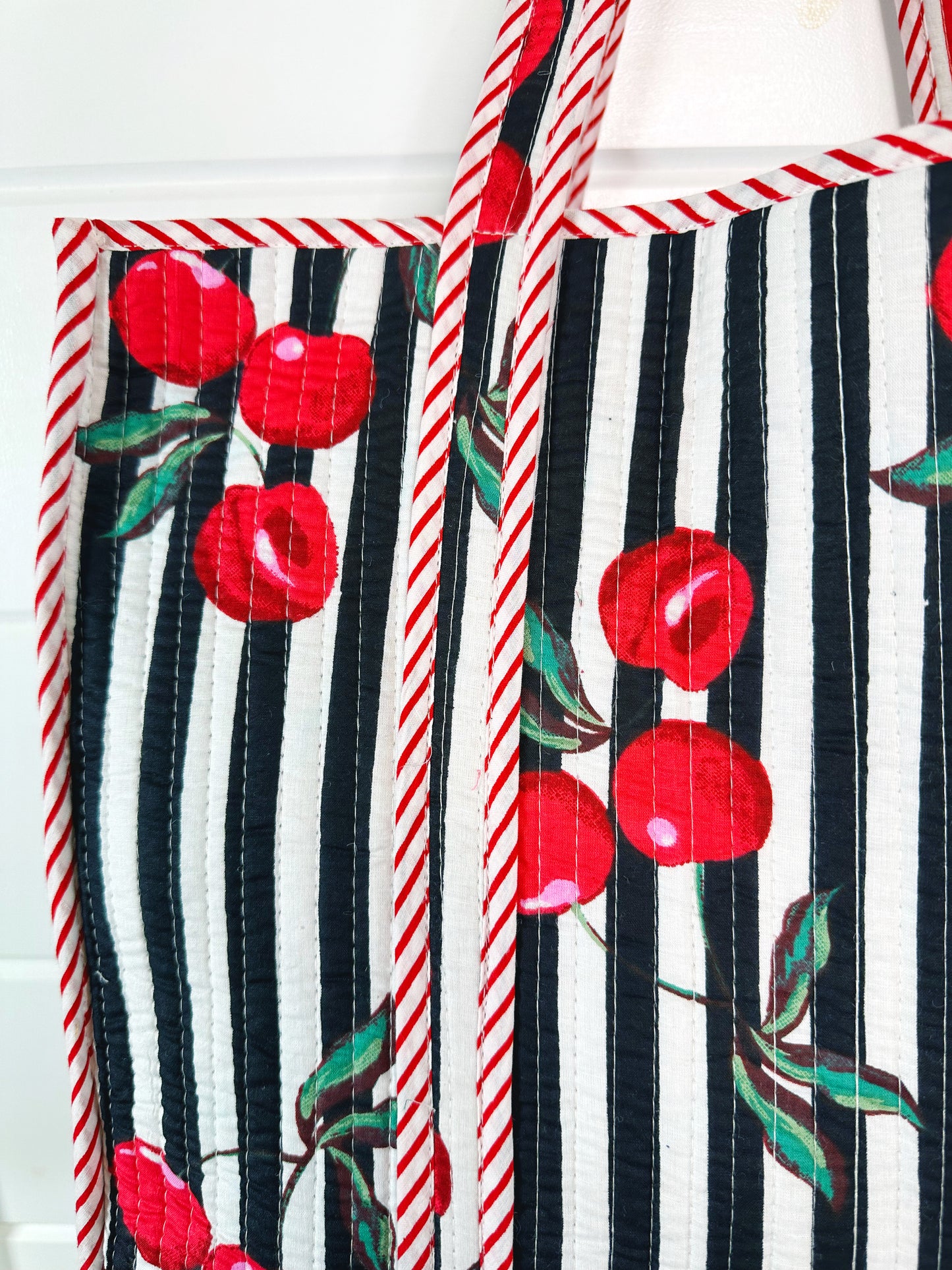 Black Cherry Print Cotton Quilted Large Shopping Tote Bag