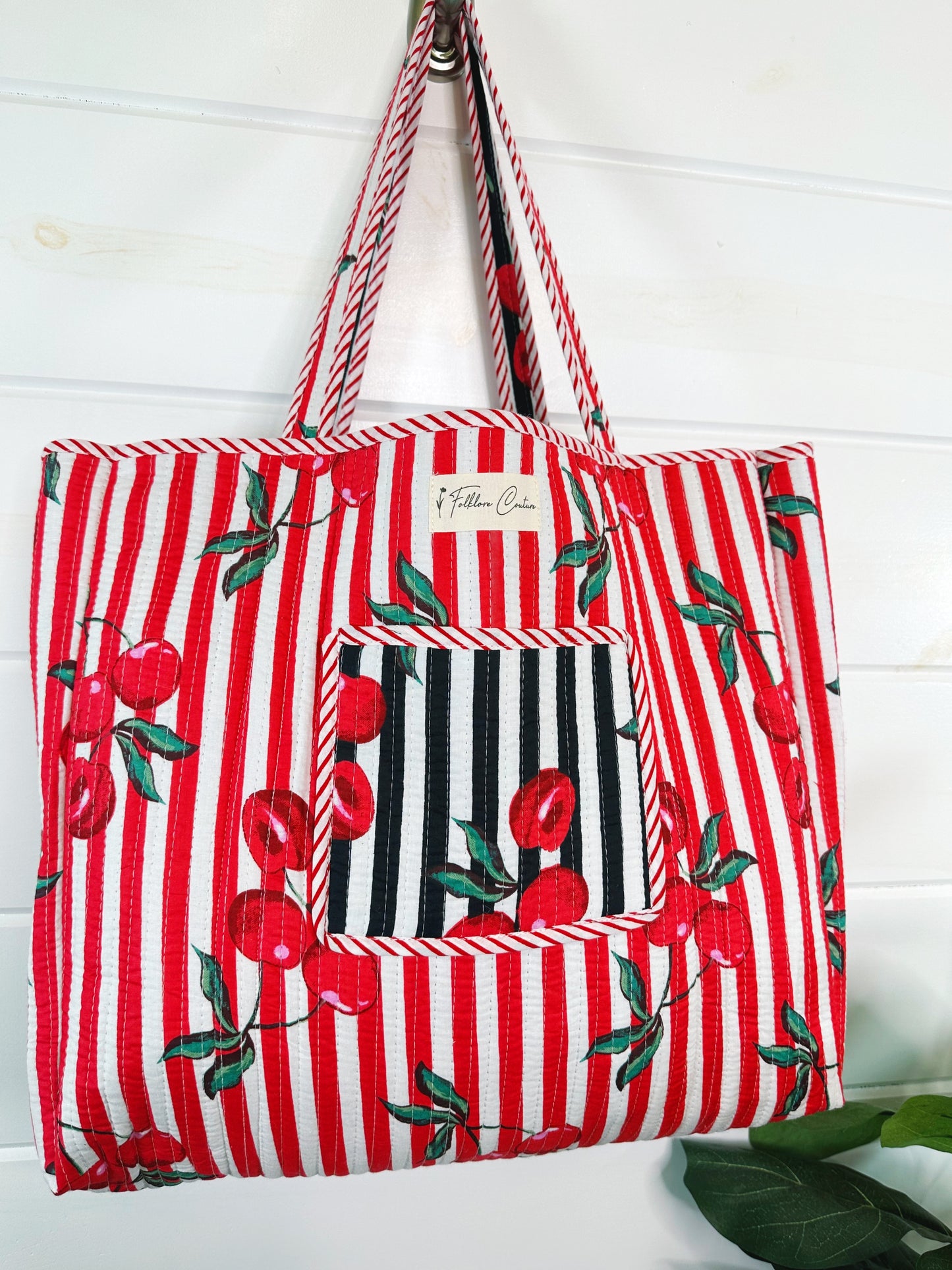 Black Cherry Print Cotton Quilted Large Shopping Tote Bag