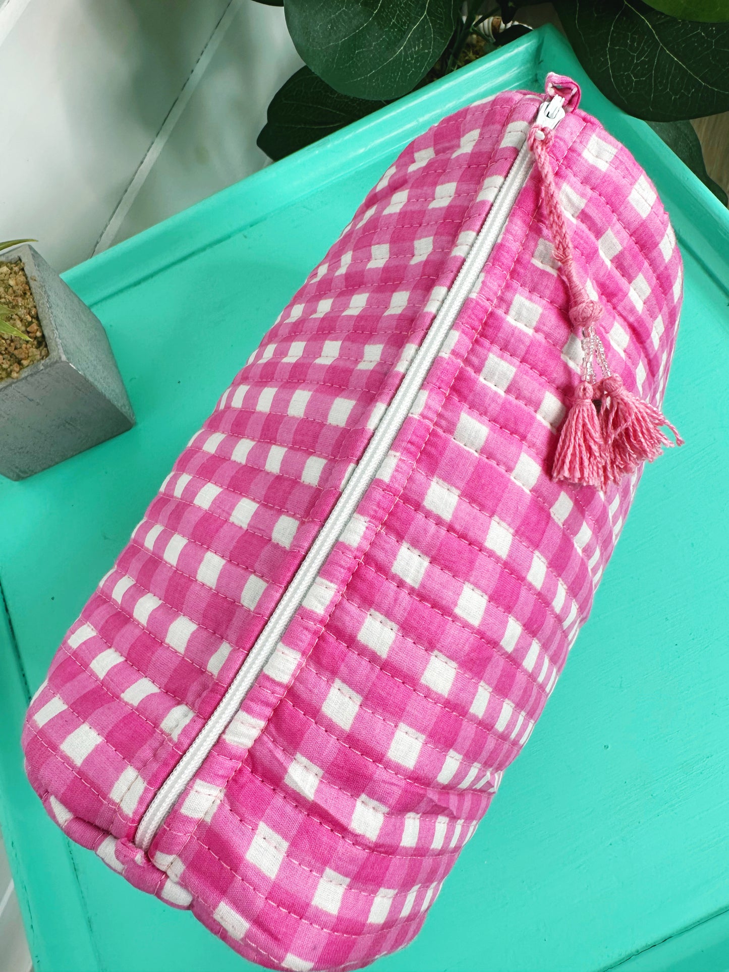 Pink Gingham Quilted Makeup Cosmetics Toiletry Bag