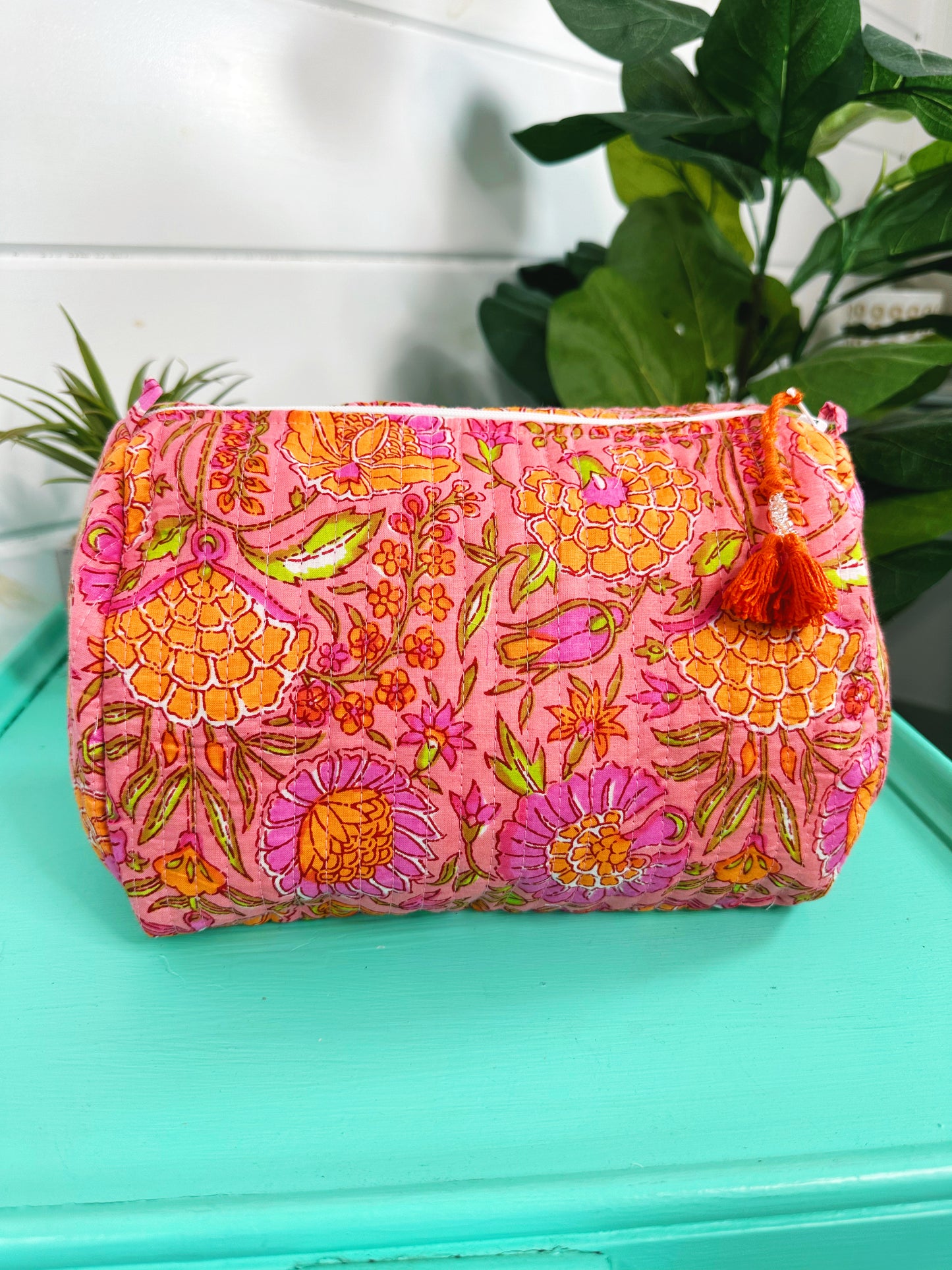 Coral Floral Quilted Makeup Cosmetics Toiletry Bag