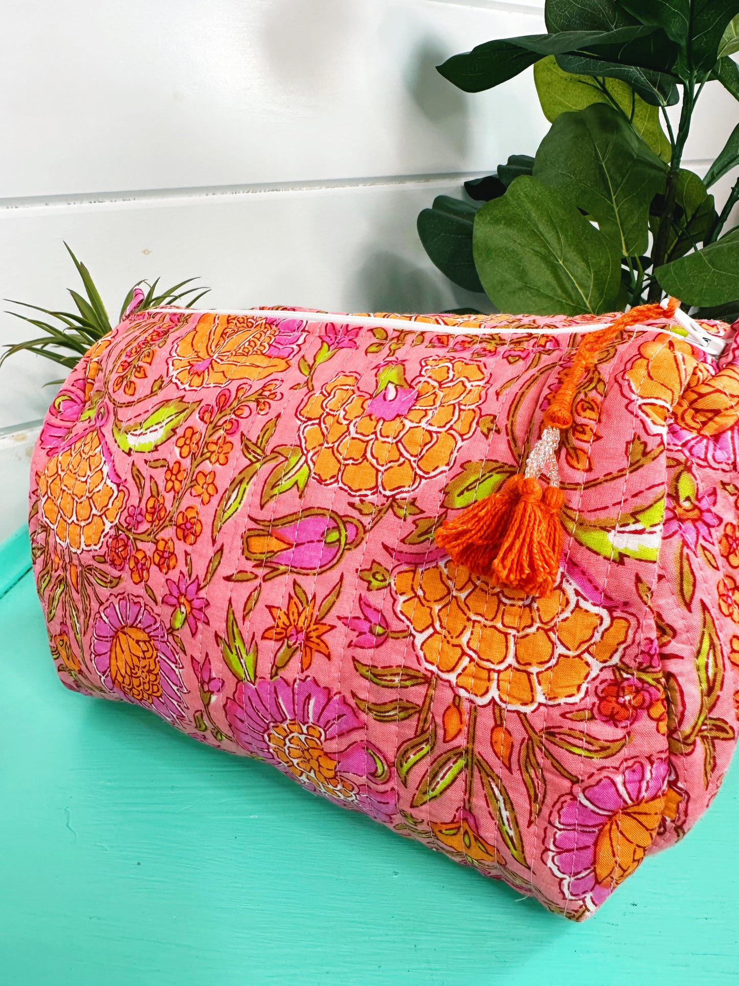 Coral Floral Quilted Makeup Cosmetics Toiletry Bag