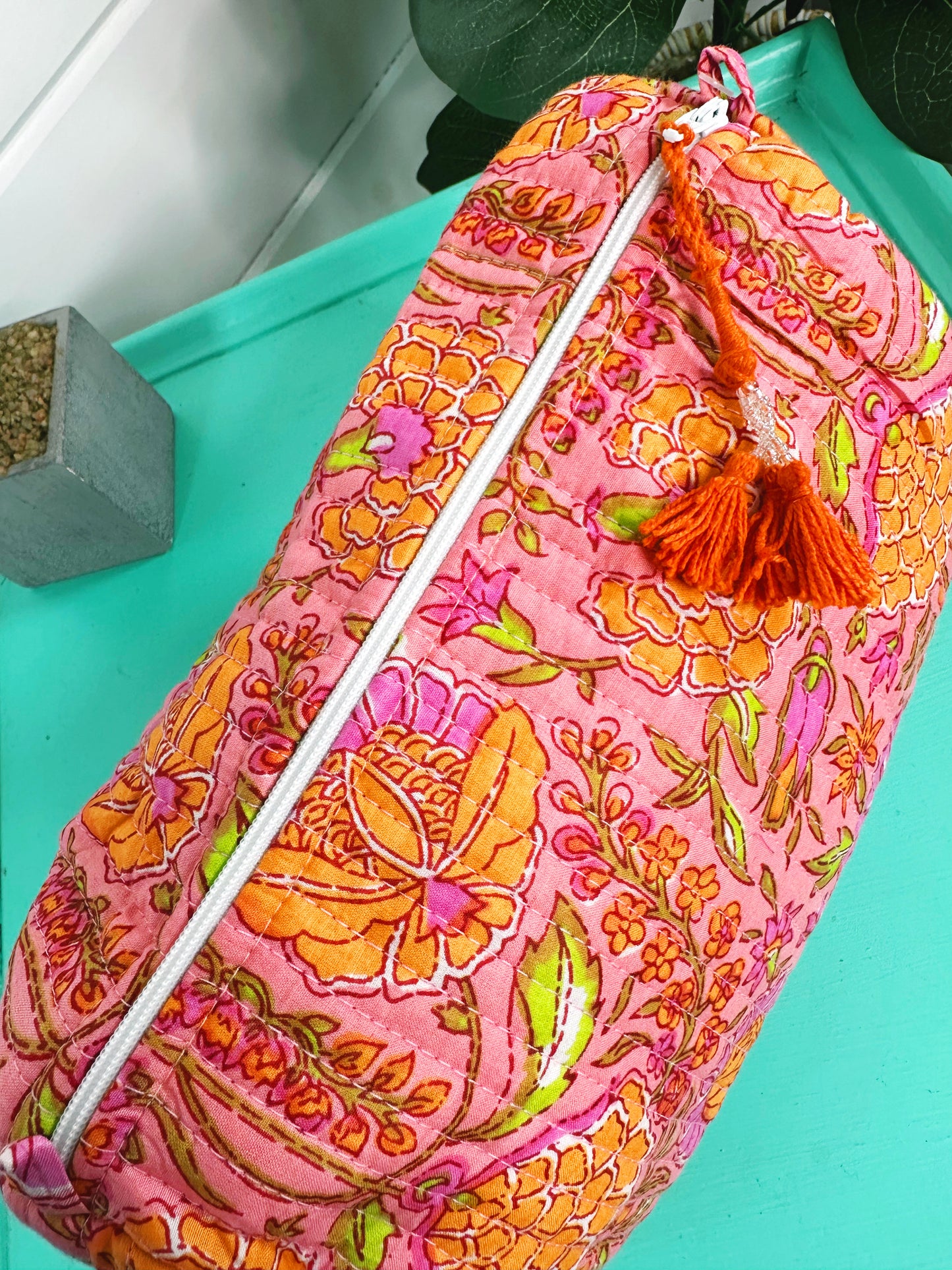 Coral Floral Quilted Makeup Cosmetics Toiletry Bag