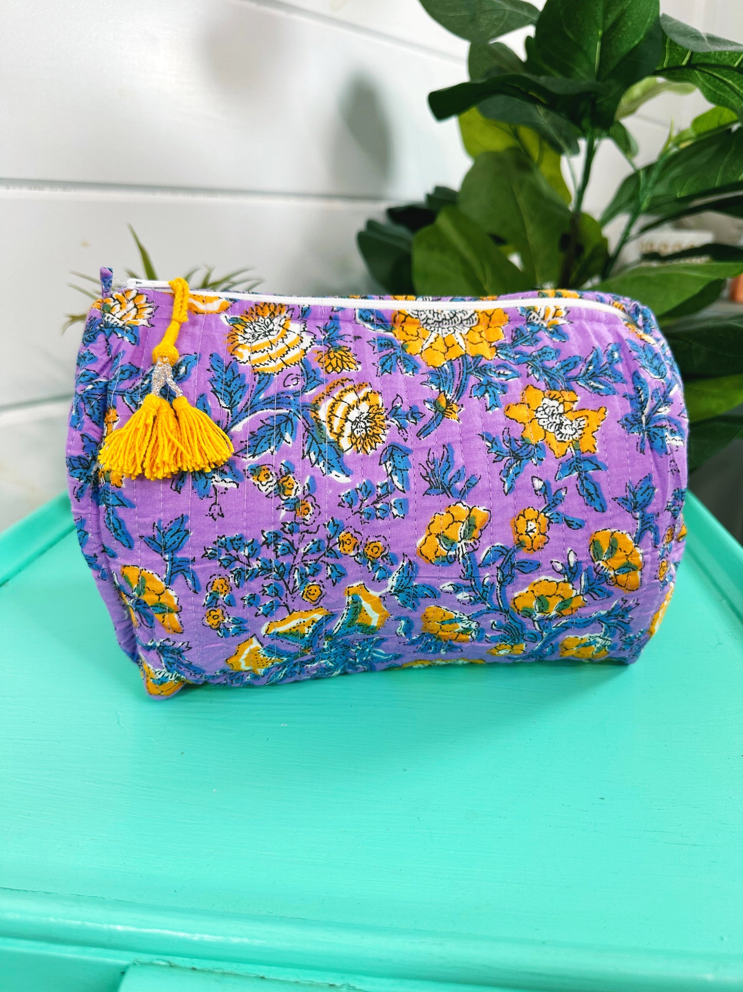 Purple and Yellow Floral Print Quilted Makeup Cosmetics Toiletry Bag