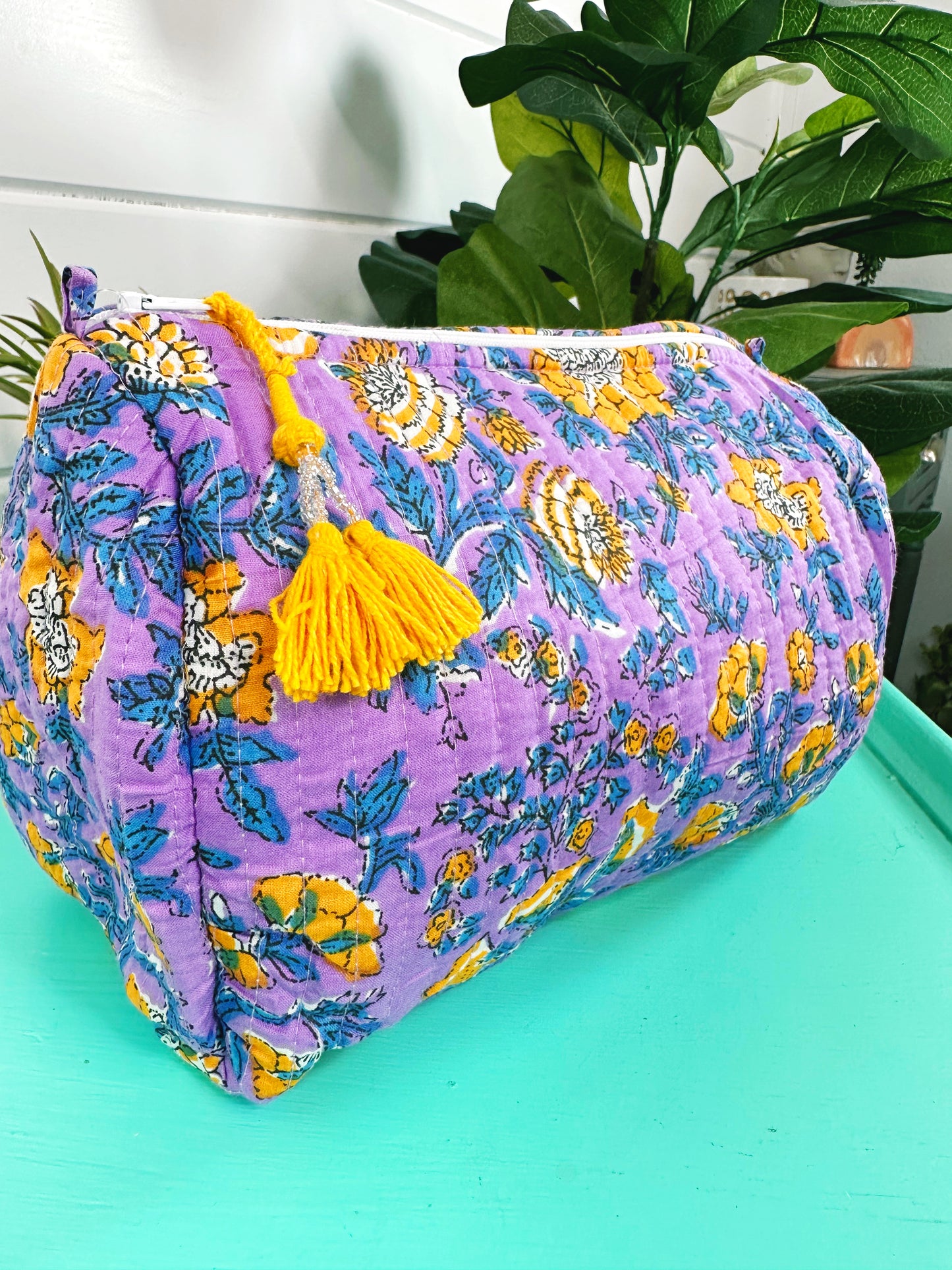 Purple and Yellow Floral Print Quilted Makeup Cosmetics Toiletry Bag