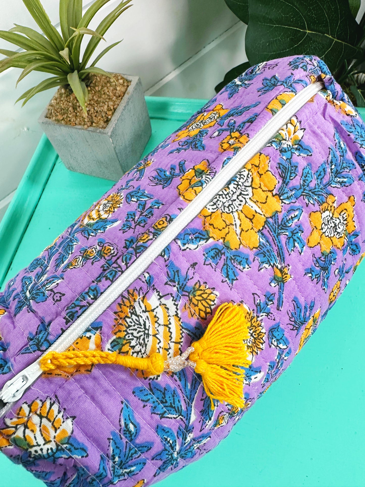 Purple and Yellow Floral Print Quilted Makeup Cosmetics Toiletry Bag
