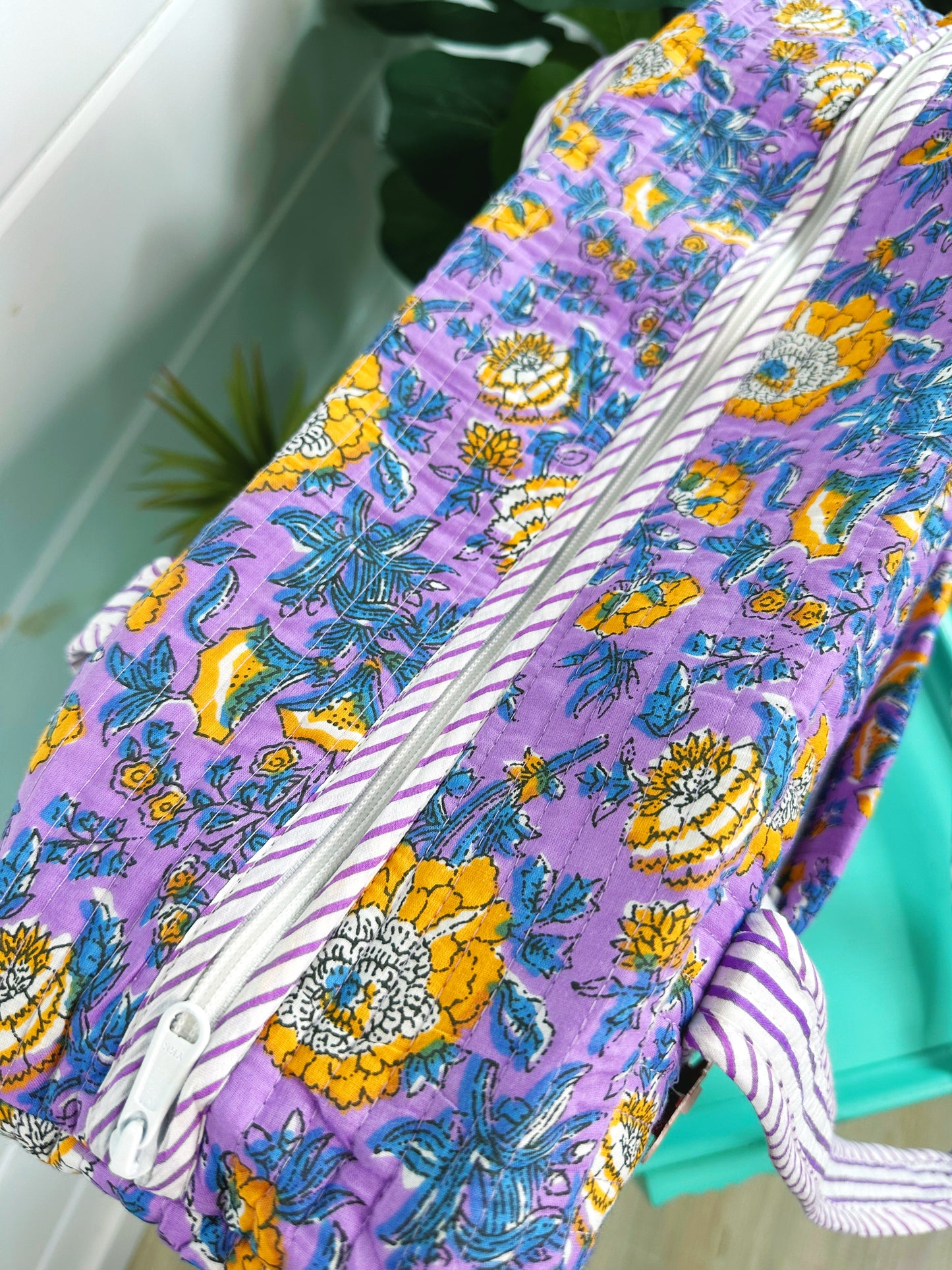 Purple and Yellow Floral Print Quilted Weekender Overnight Bag