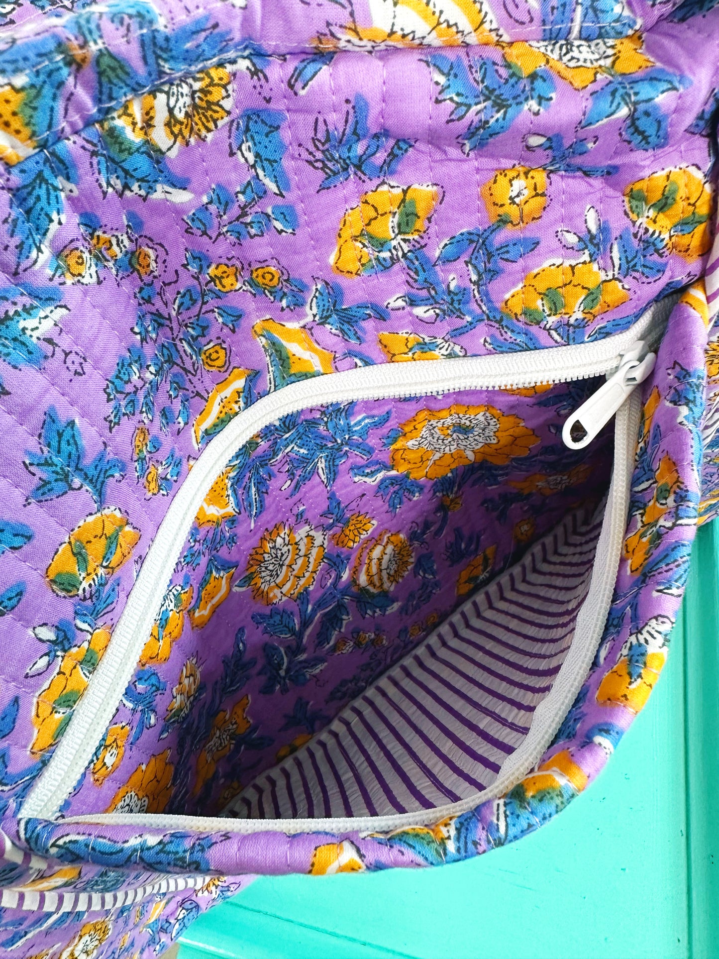 Purple and Yellow Floral Print Quilted Weekender Overnight Bag