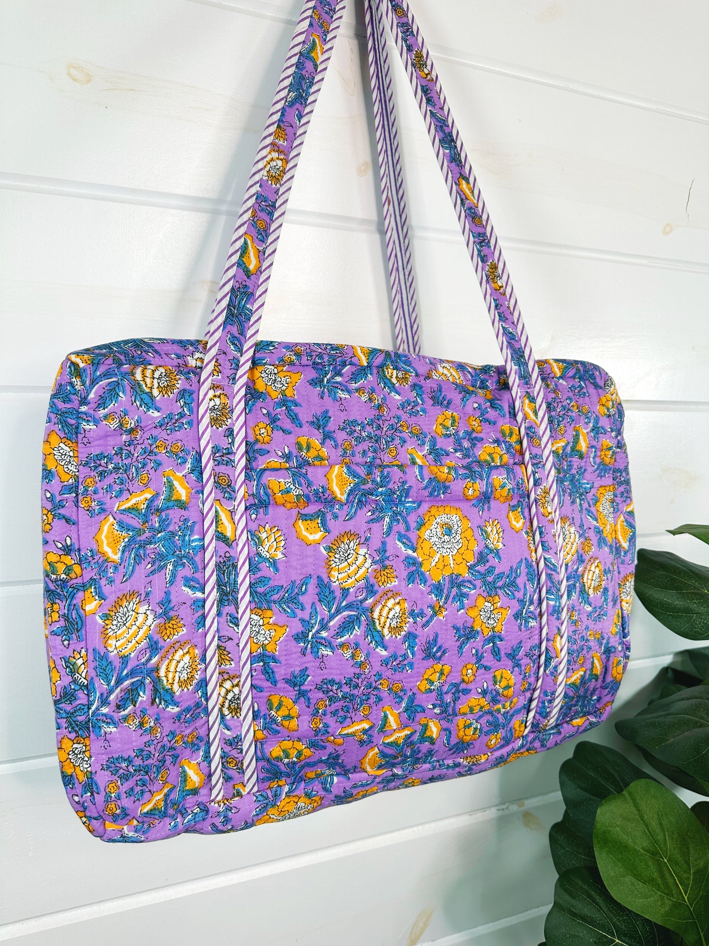 Purple and Yellow Floral Print Quilted Weekender Overnight Bag