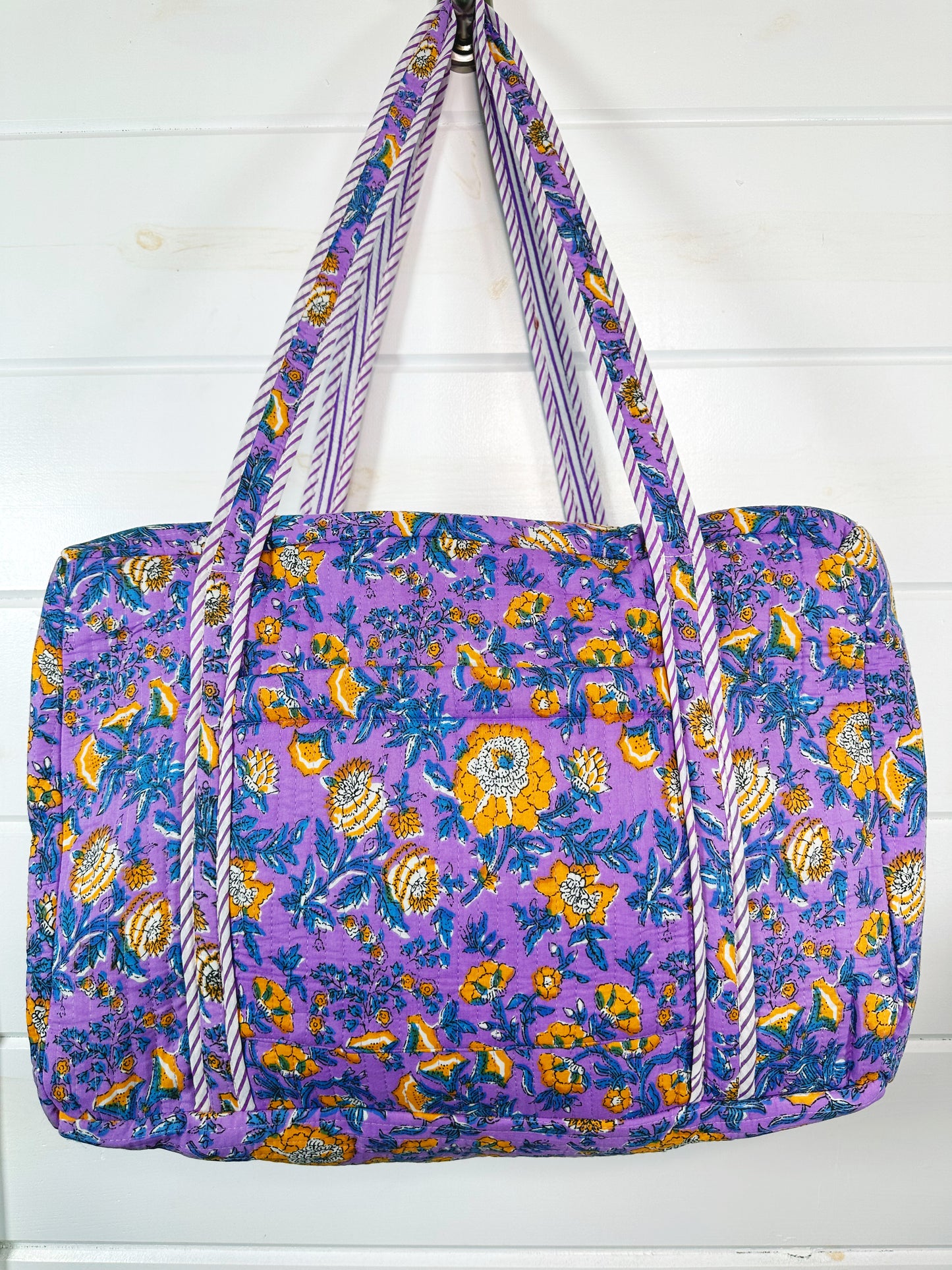 Purple and Yellow Floral Print Quilted Weekender Overnight Bag