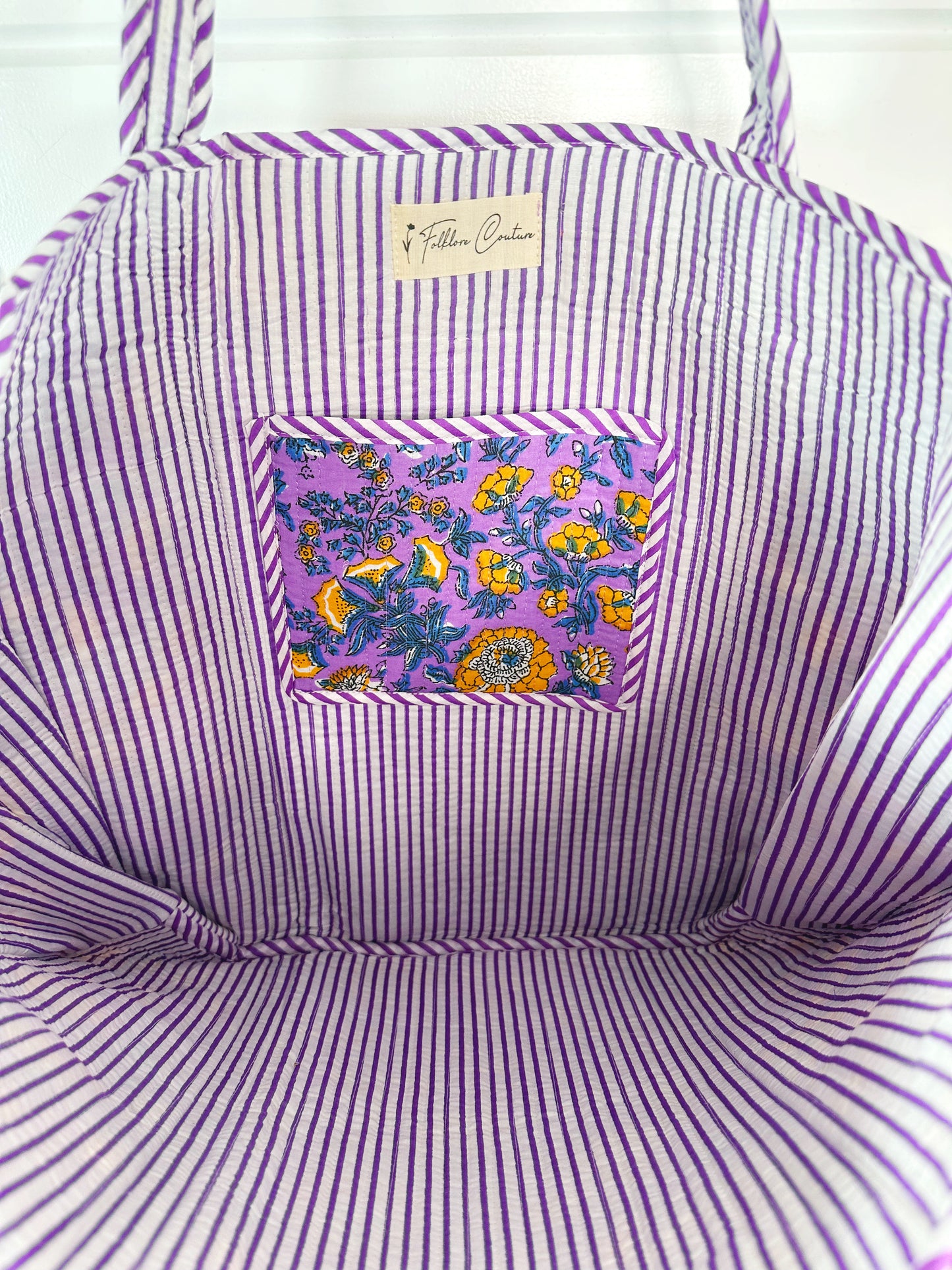 Purple and Yellow Floral Print Quilted Cotton Tote Bag