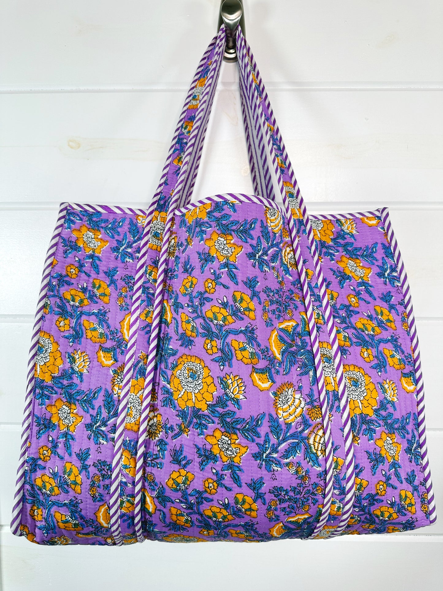 Purple and Yellow Floral Print Quilted Cotton Tote Bag