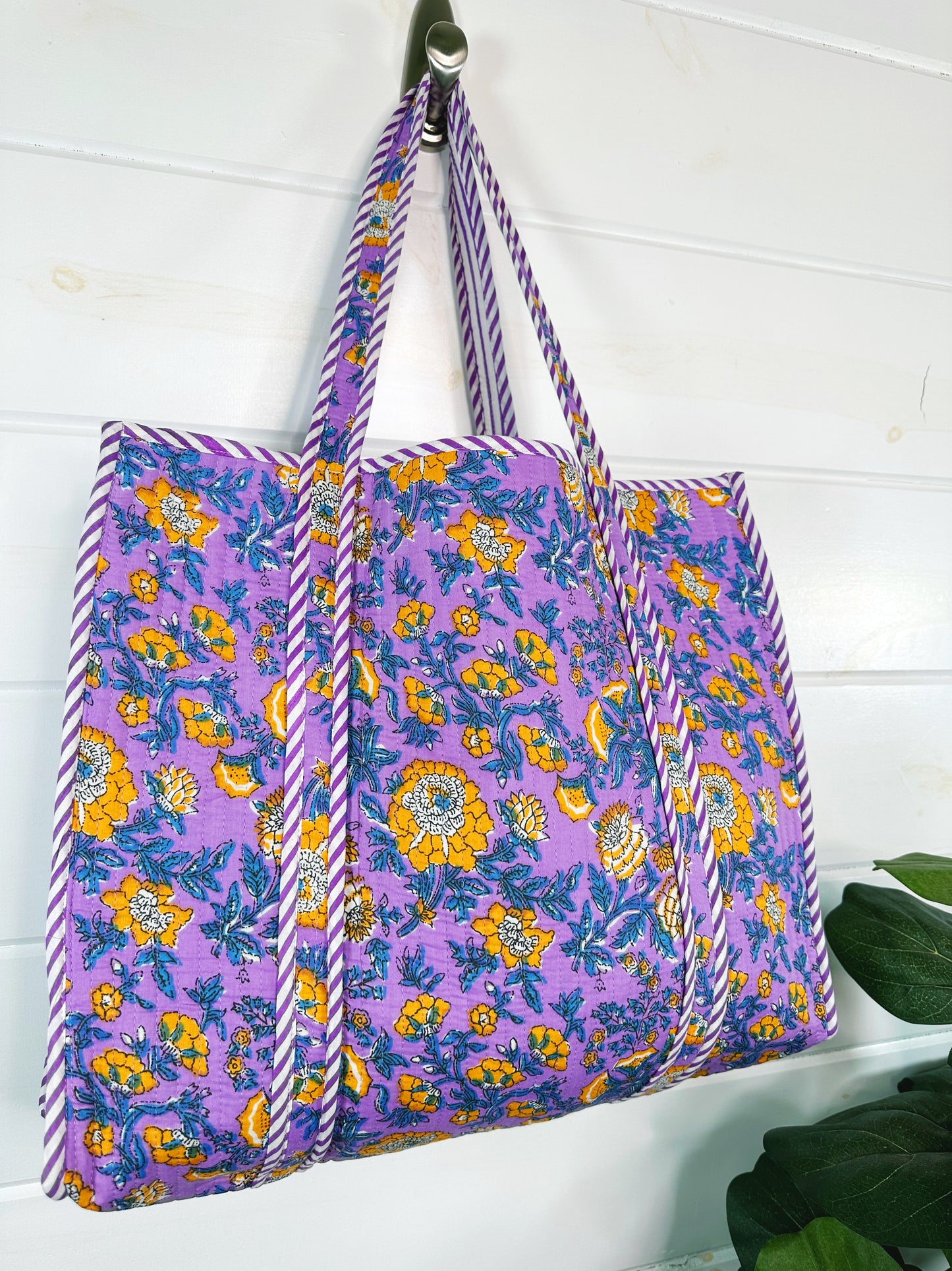 Purple and Yellow Floral Print Quilted Cotton Tote Bag
