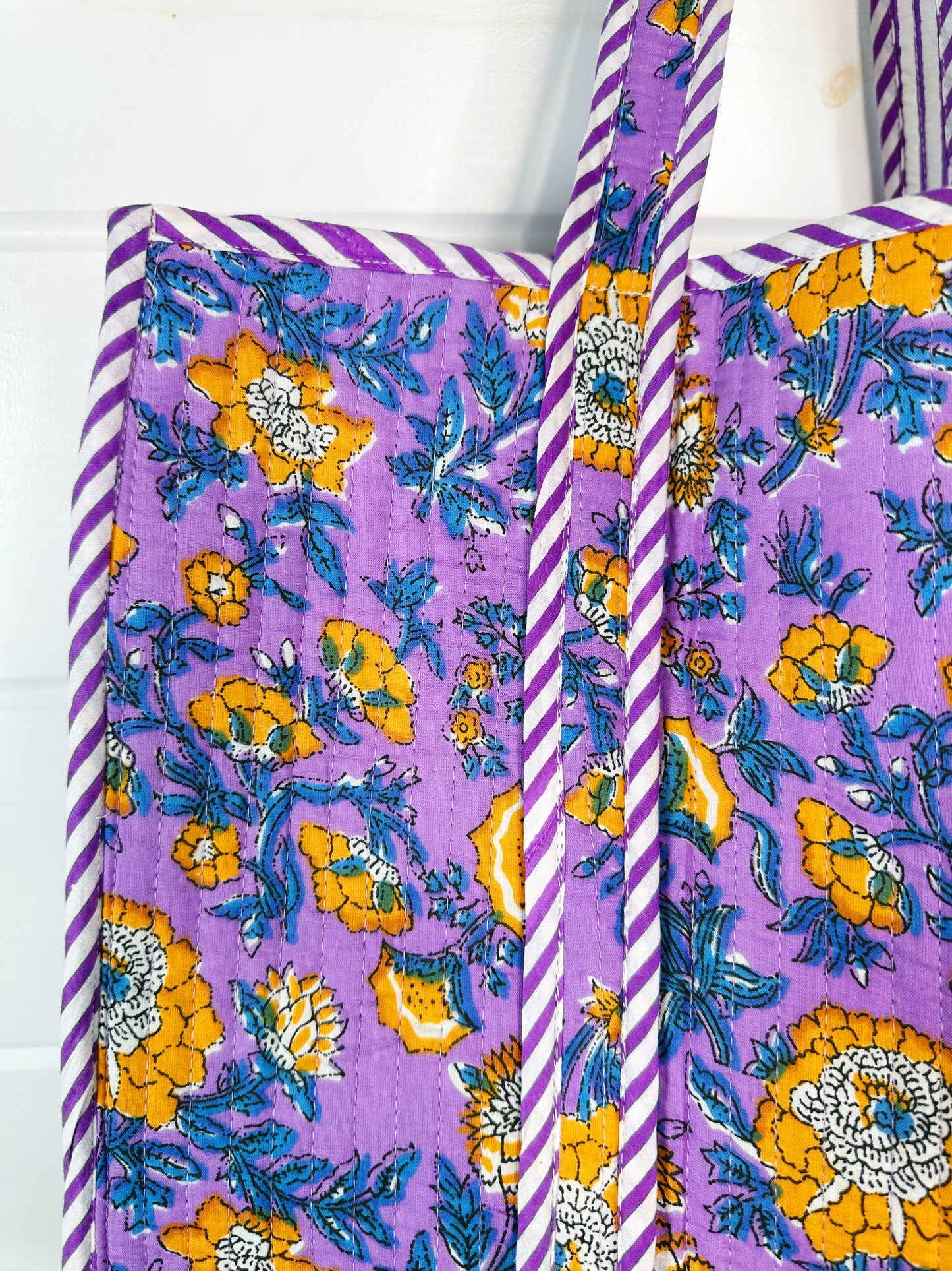 Purple and Yellow Floral Print Quilted Cotton Tote Bag