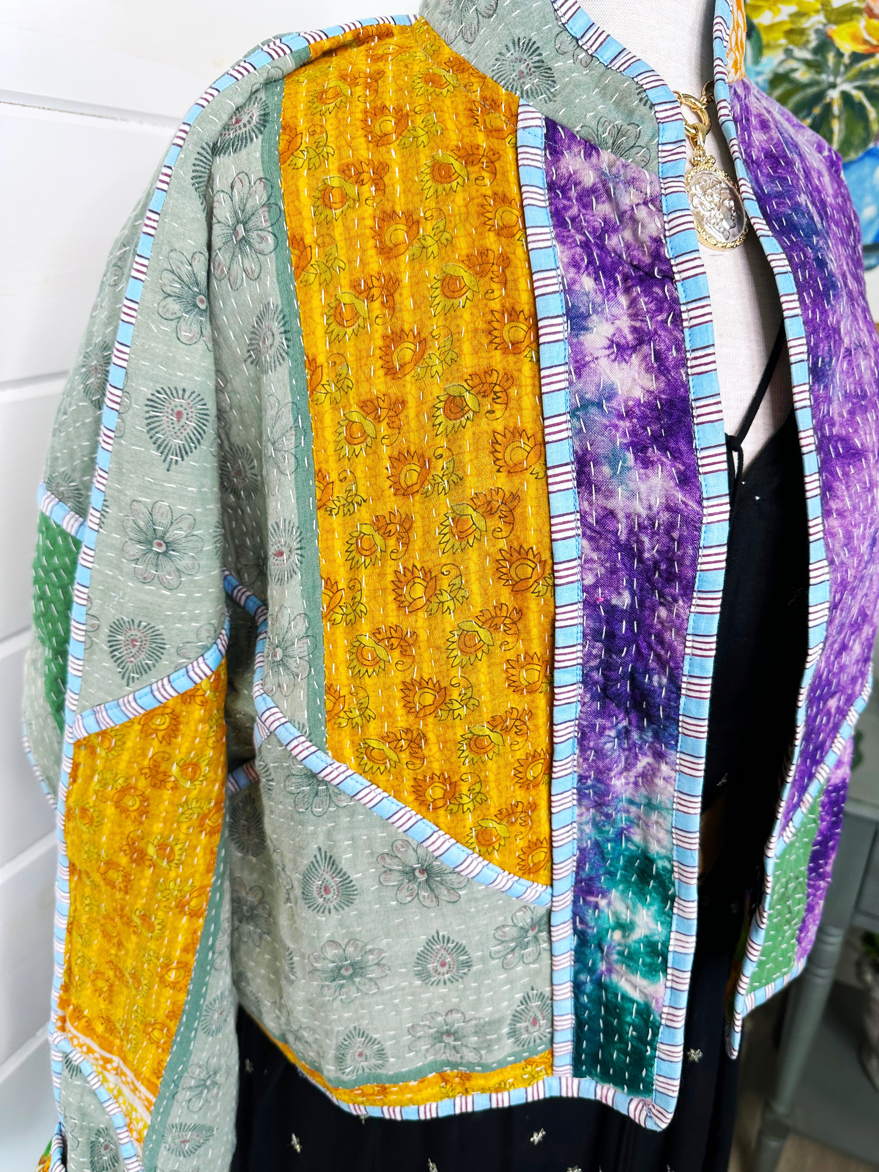 Boho Patchwork Kantha Jacket – Handmade Quilted & Reversible Blanket Coat
