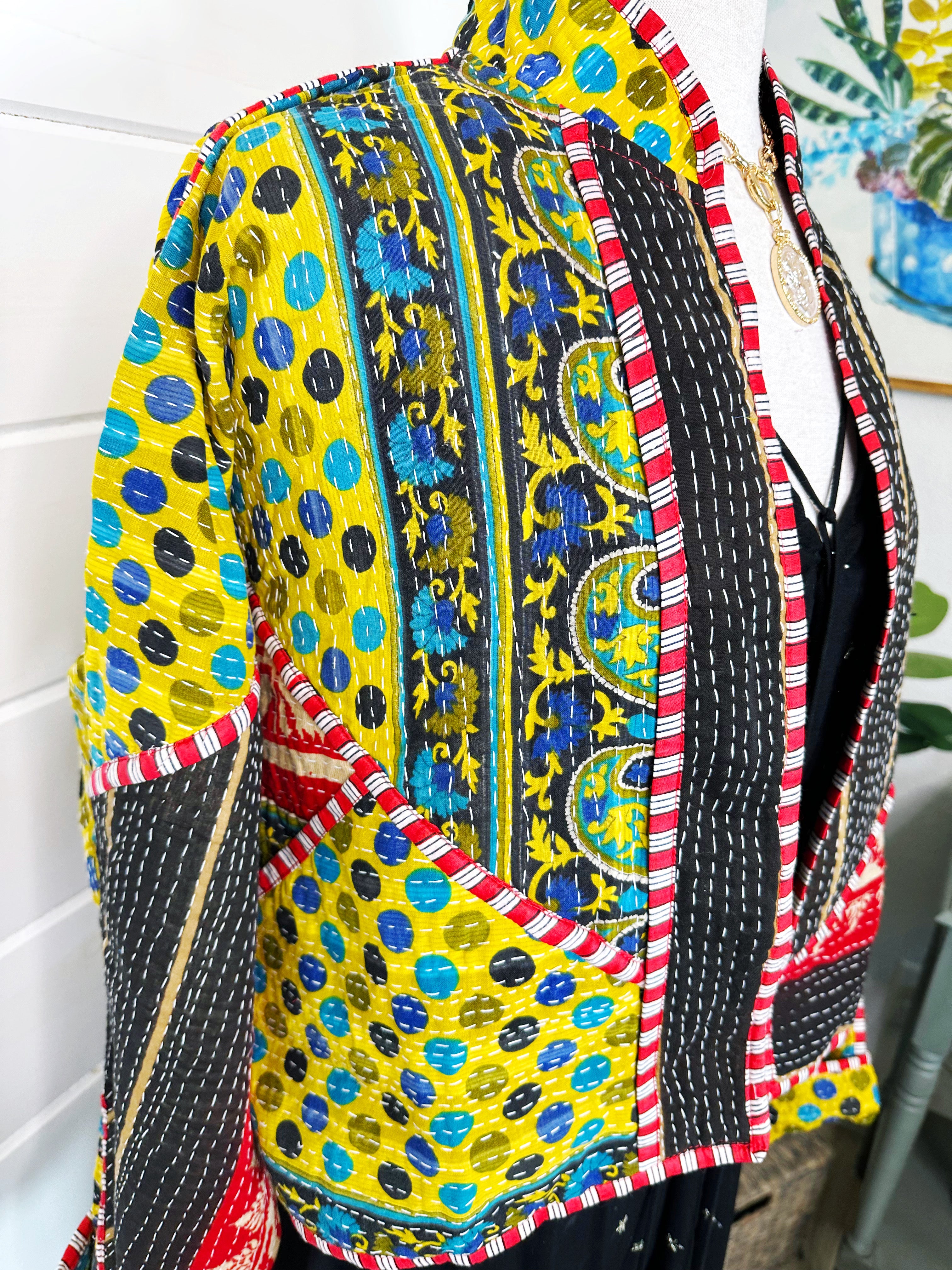 Boho Patchwork Kantha Jacket – Handmade Quilted & Reversible Blanket Coat