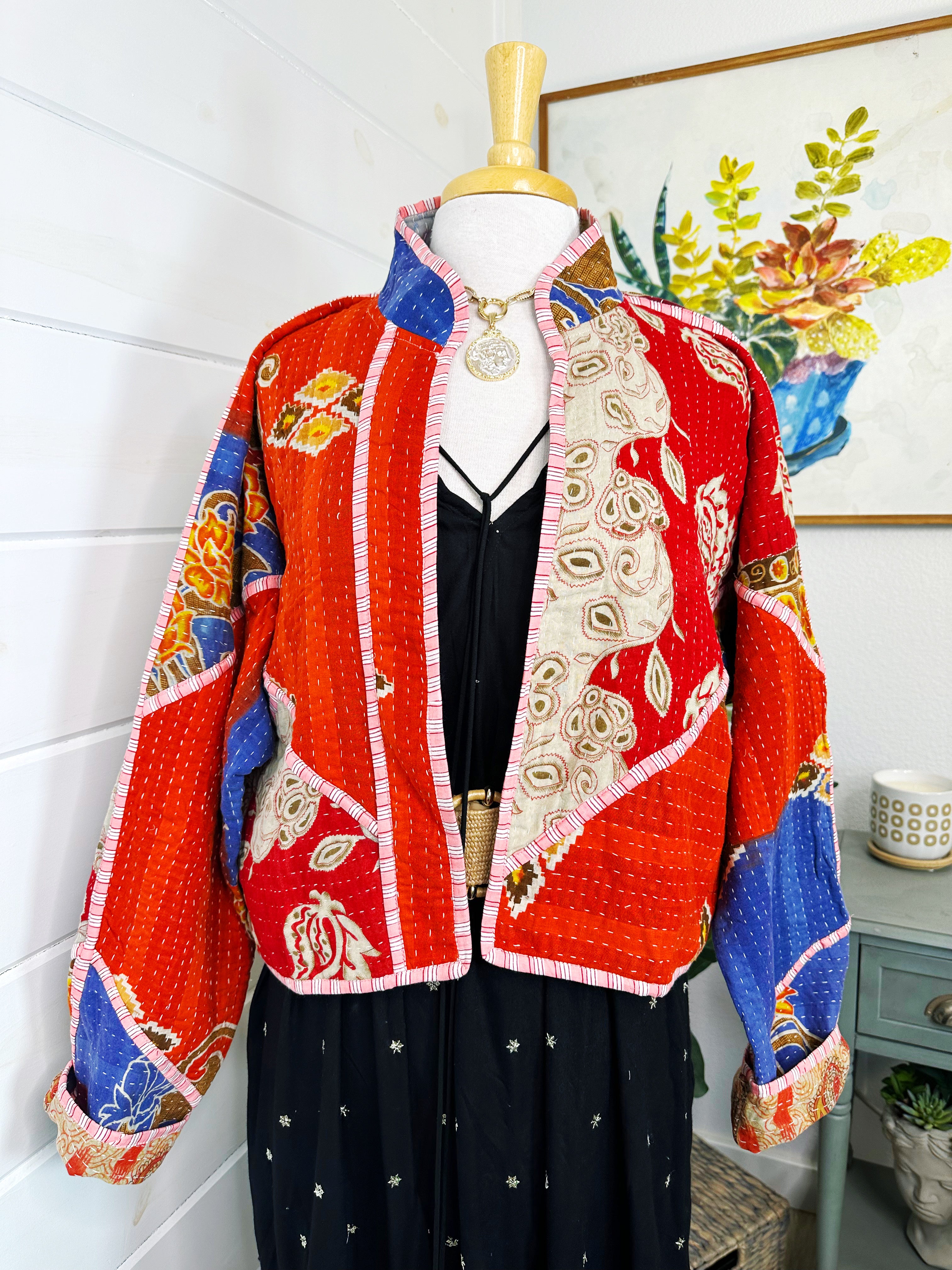 Boho Patchwork Kantha Jacket – Handmade Quilted & Reversible Blanket Coat