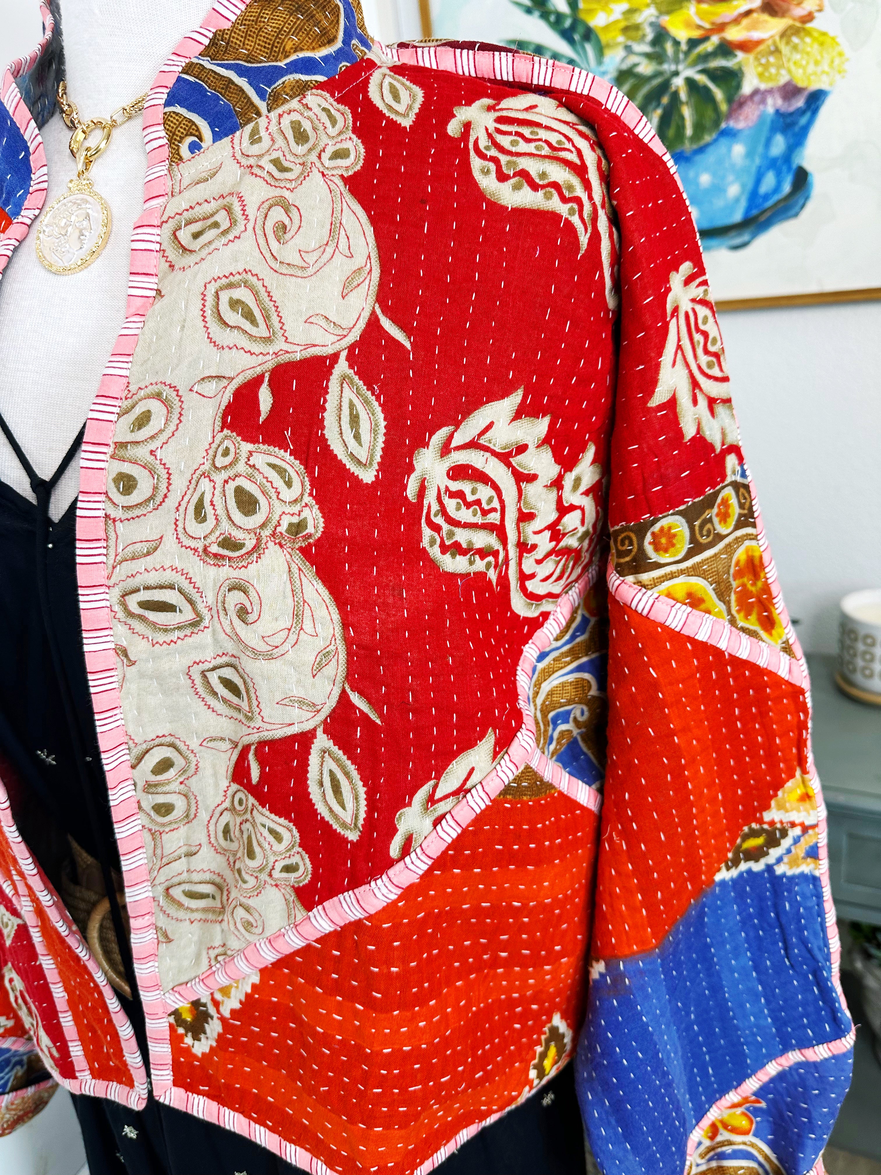 Boho Patchwork Kantha Jacket – Handmade Quilted & Reversible Blanket Coat