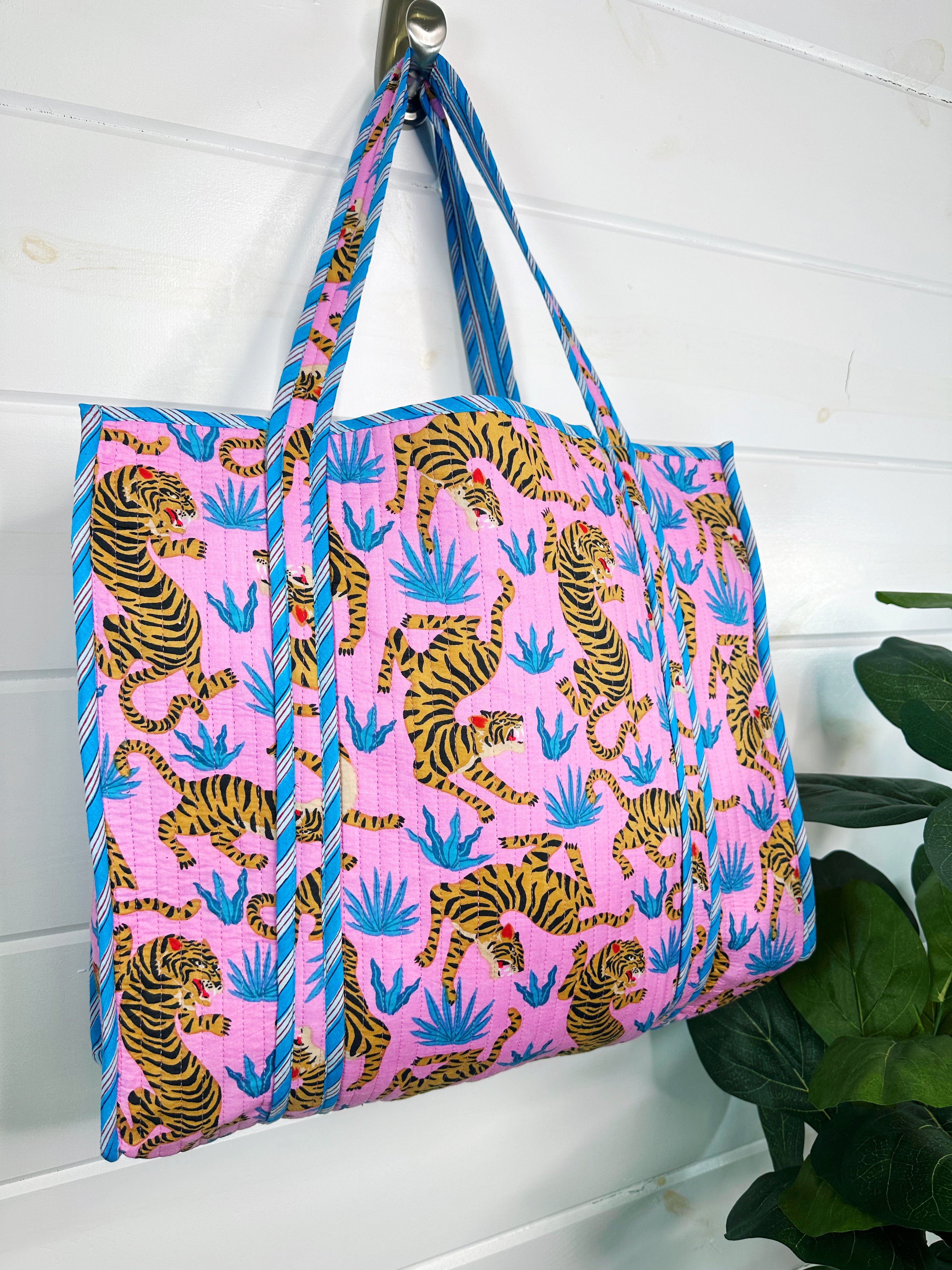Light Pink and Blue Tiger Print Quilted Cotton Reversible Large Tote Bag