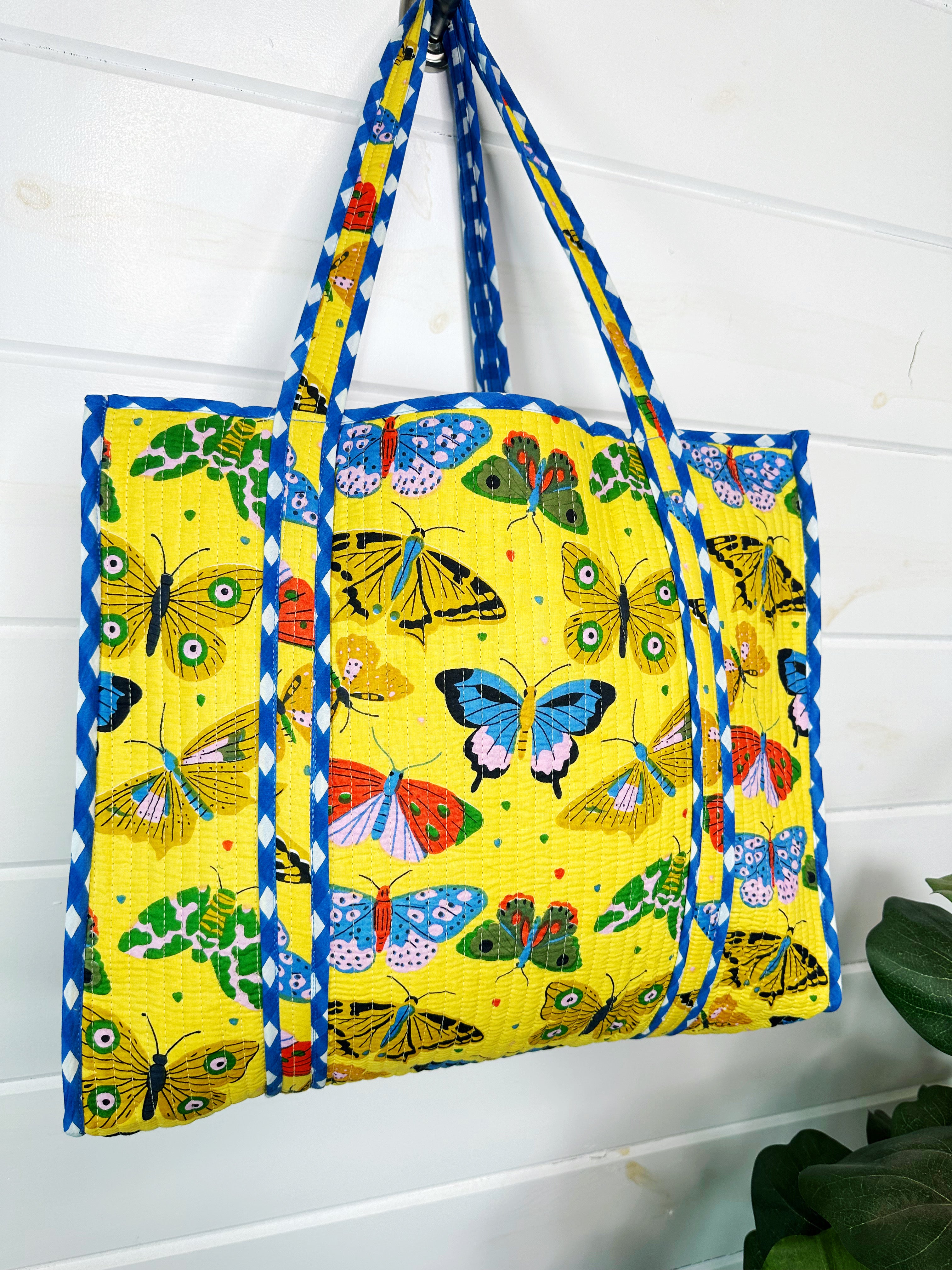 Yellow Butterfly Print Quilted Cotton Reversible Large Tote Bag