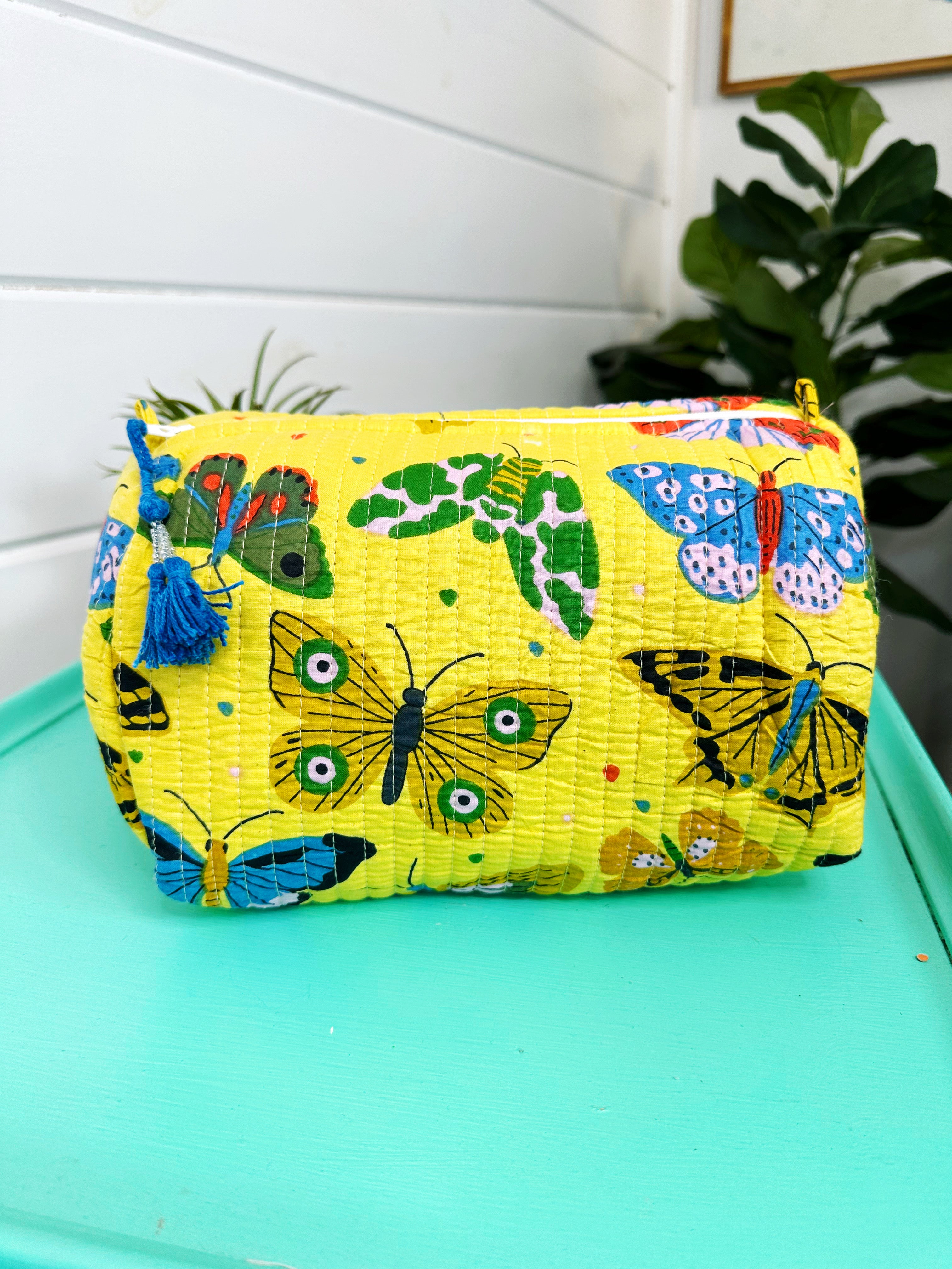 Yellow Butterfly Print Quilted Makeup Cosmetics Toiletry Bag
