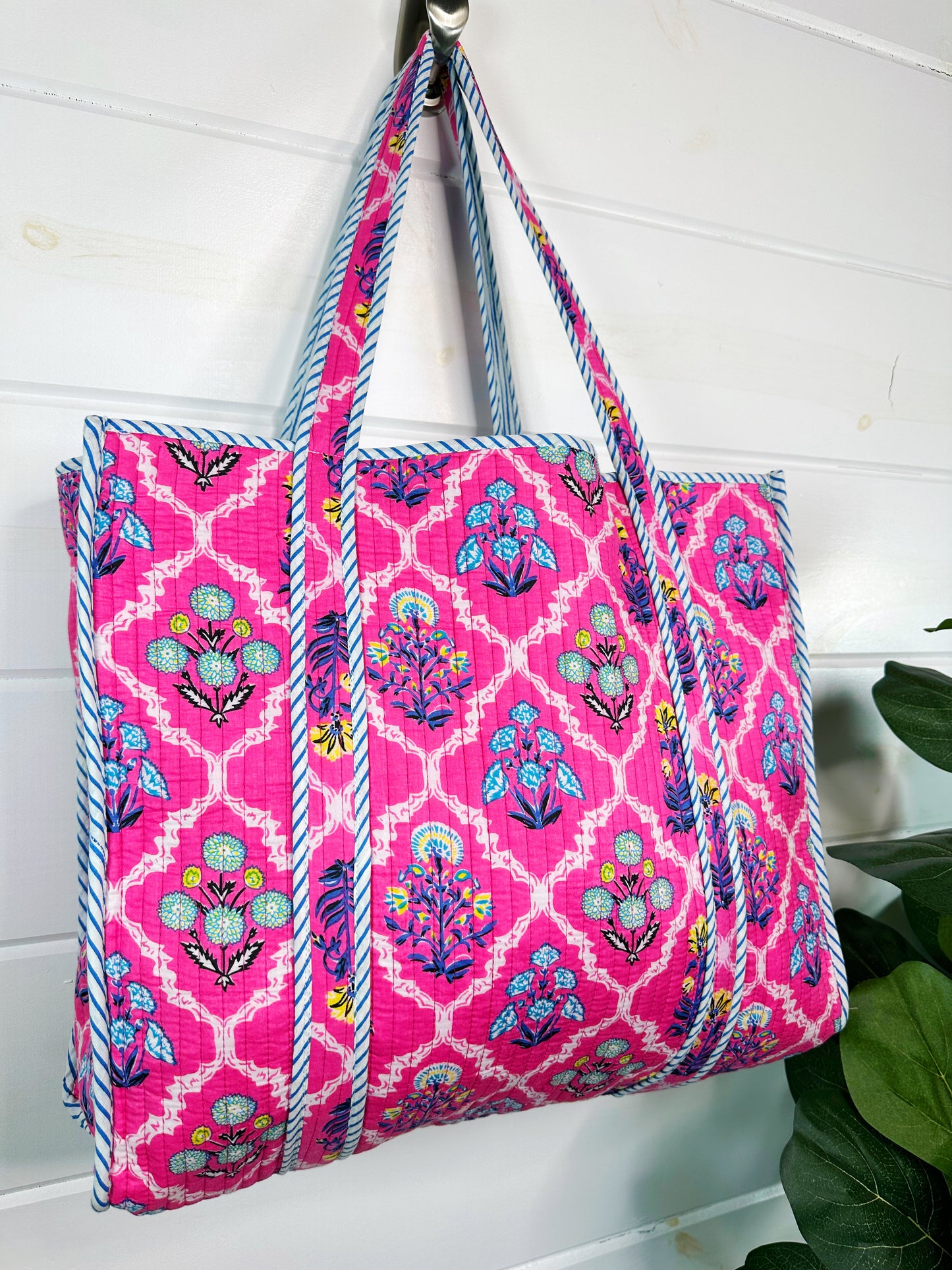 Pink Wildflowers Printed Quilted Cotton Reversible Large Tote Bag