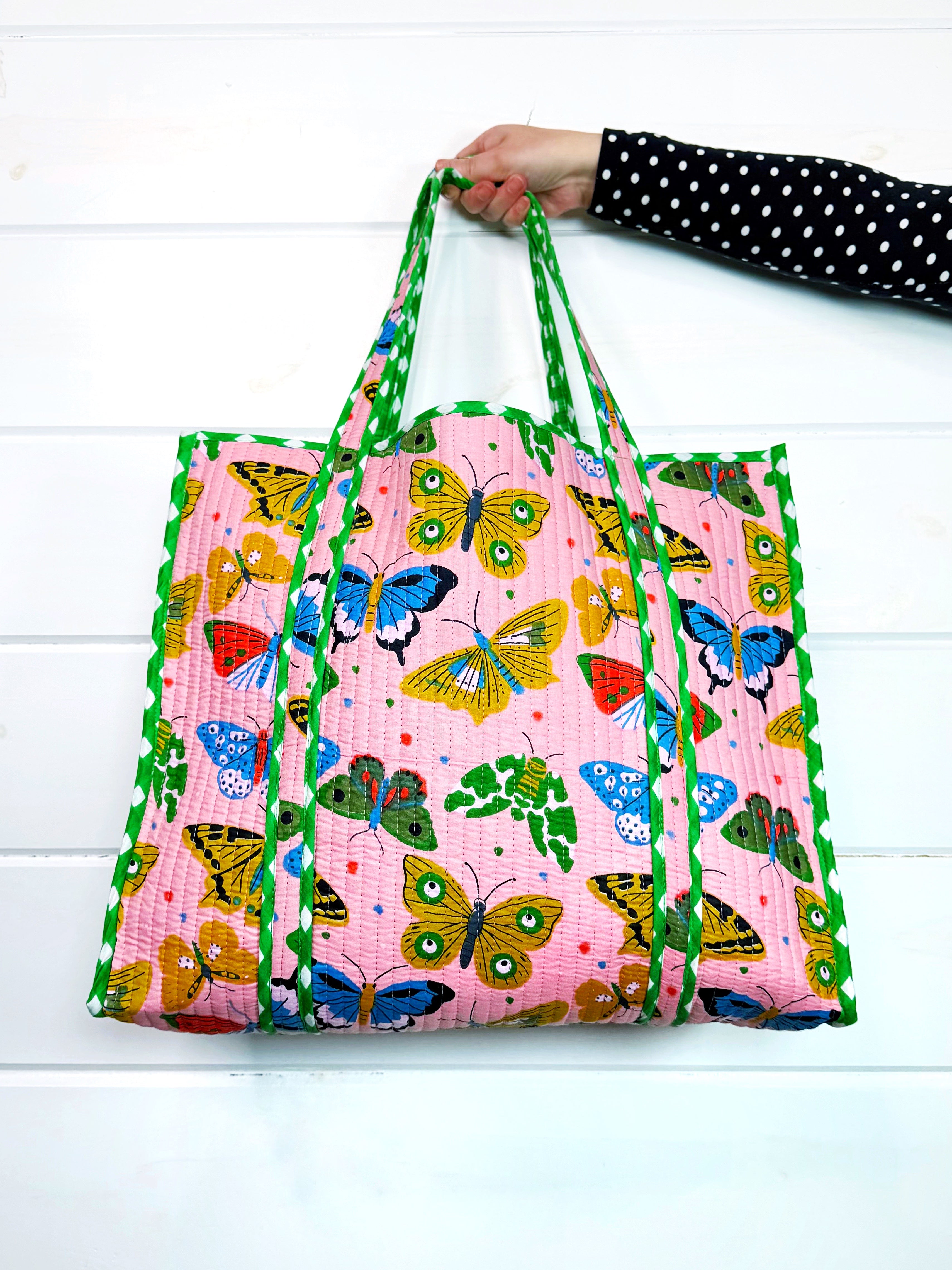 Large Quilted Travel Tote Bag - Pink Butterfly Print 