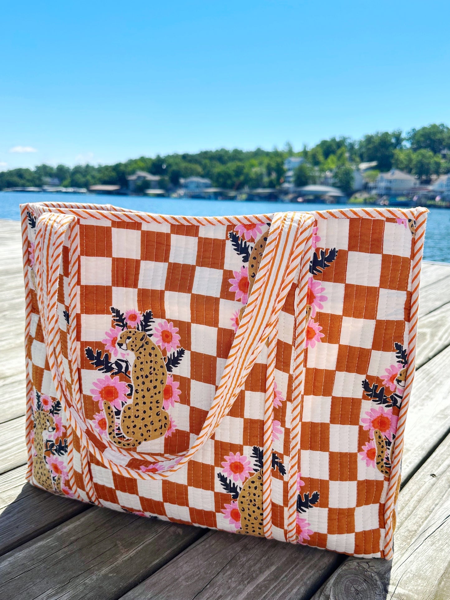 Gold Checkered Jaguar Print Quilted Cotton Tote Bag