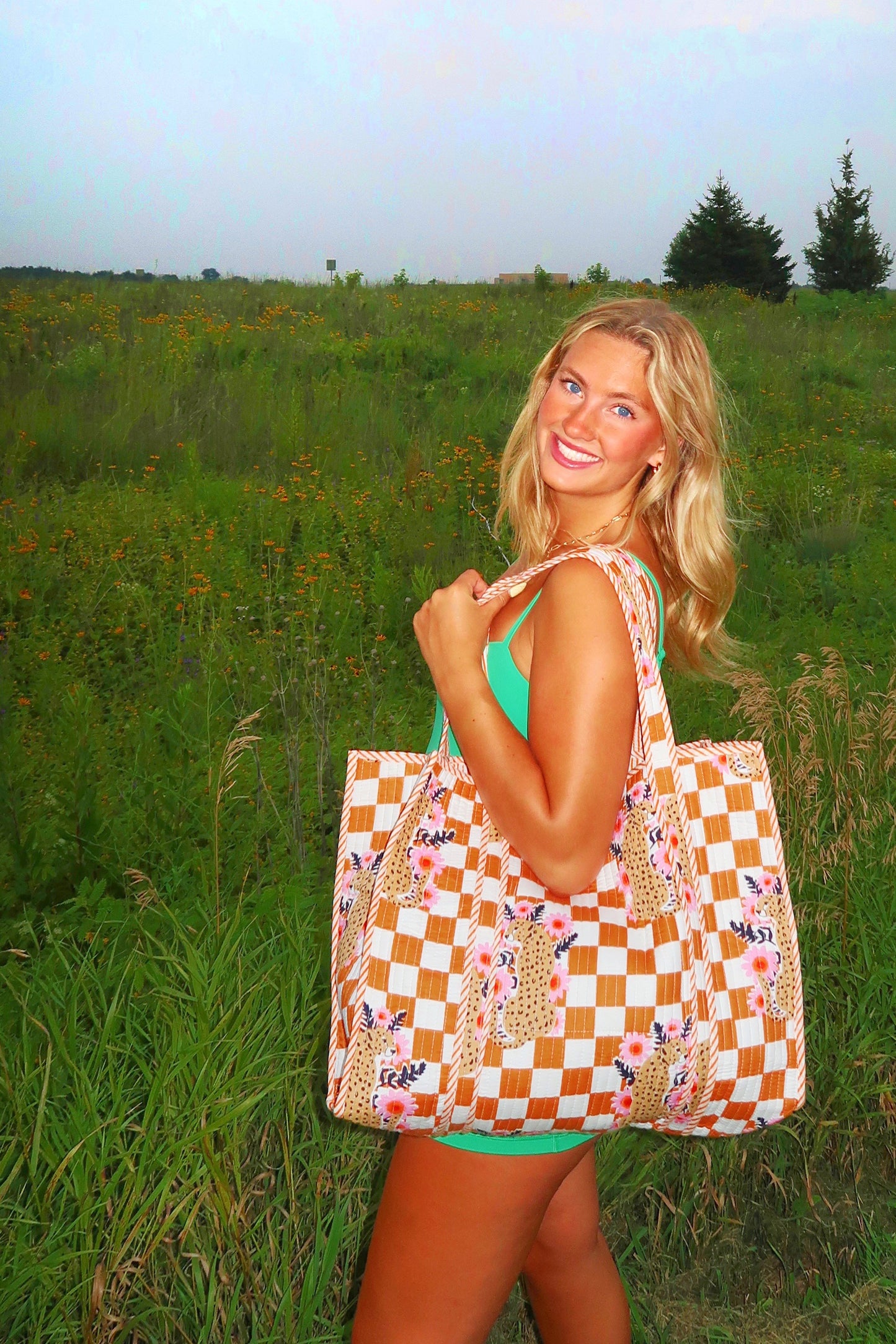 Gold Checkered Jaguar Print Quilted Cotton Tote Bag