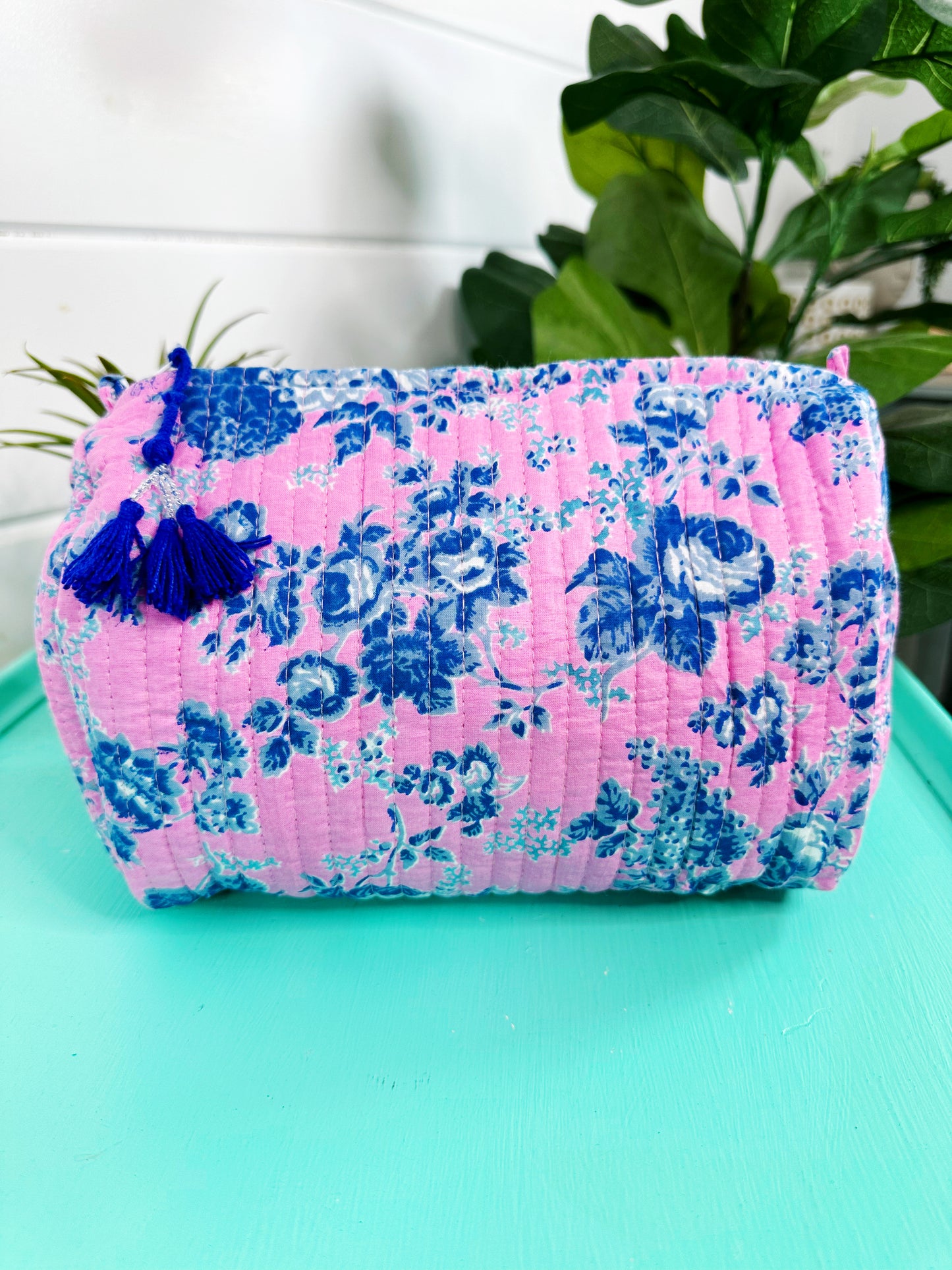 Pink Cottage Floral Print Quilted Makeup Cosmetics Toiletry Bag