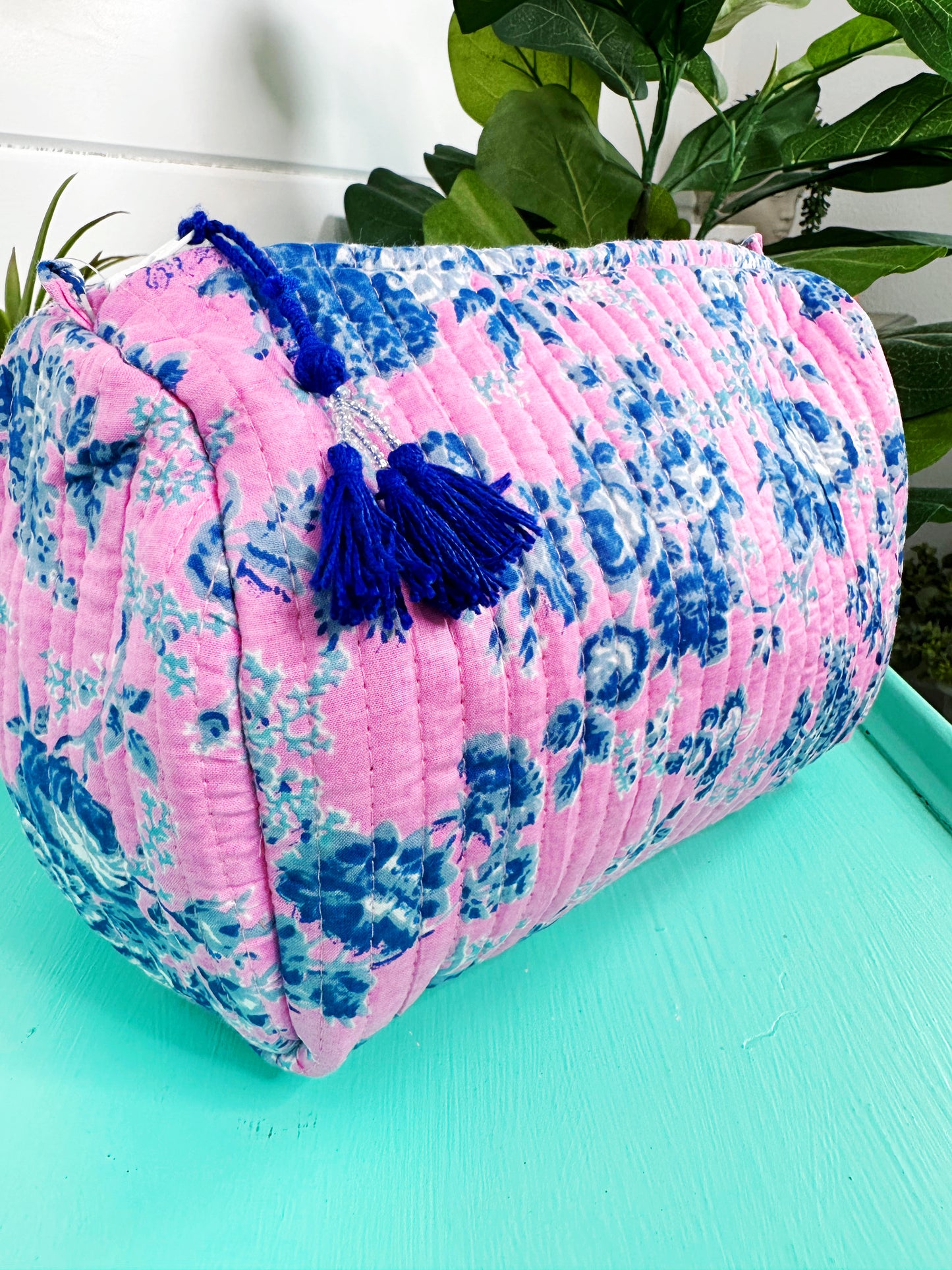 Pink Cottage Floral Print Quilted Makeup Cosmetics Toiletry Bag