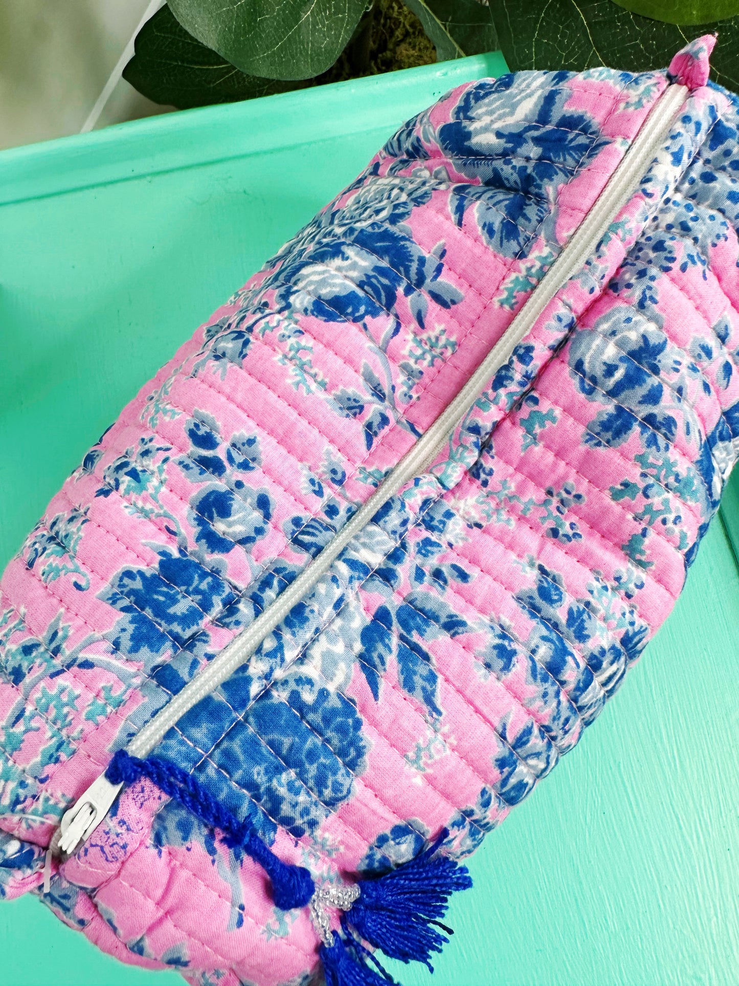 Pink Cottage Floral Print Quilted Makeup Cosmetics Toiletry Bag