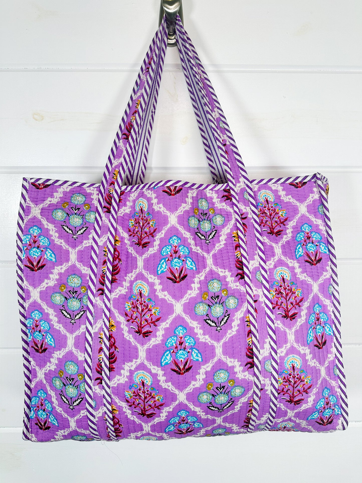 Purple Wildflower Print Quilted Cotton Tote Bag