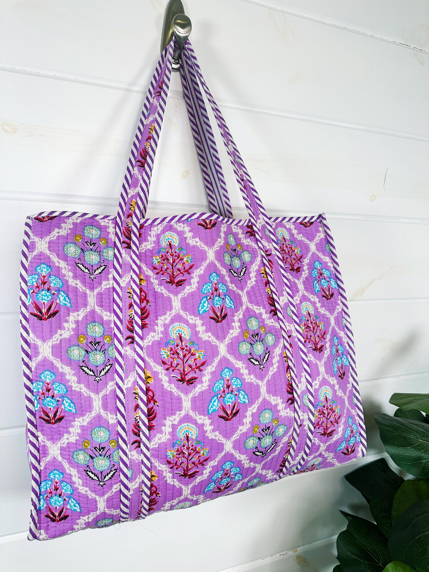 Purple Wildflower Print Quilted Cotton Tote Bag