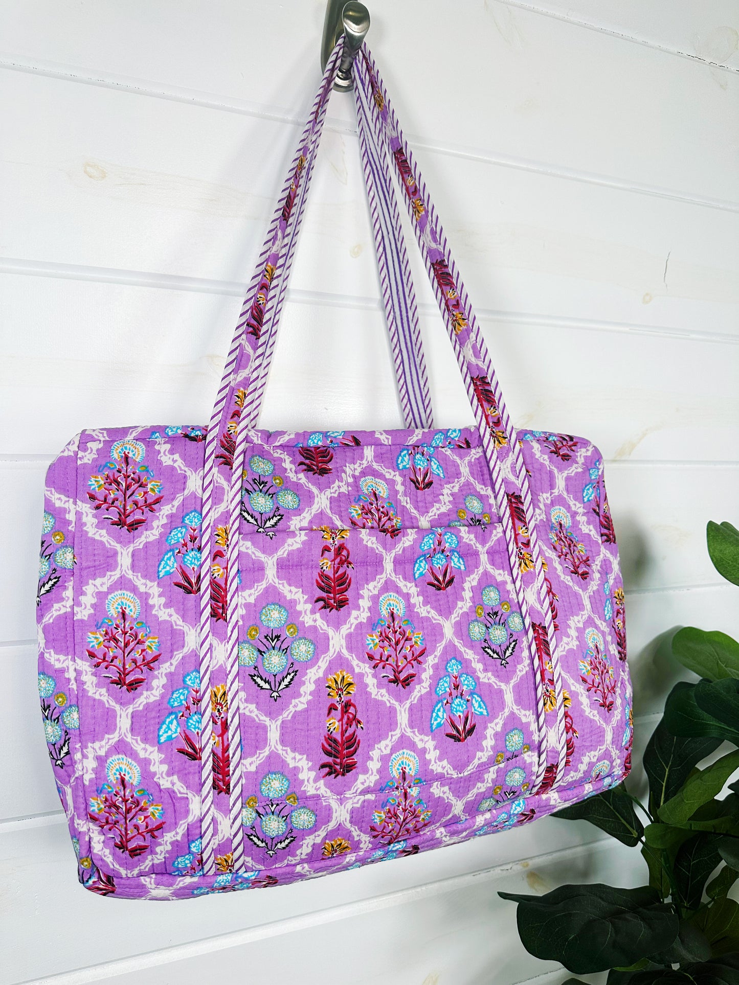 Purple Wildflower Print Quilted Weekender Overnight Bag