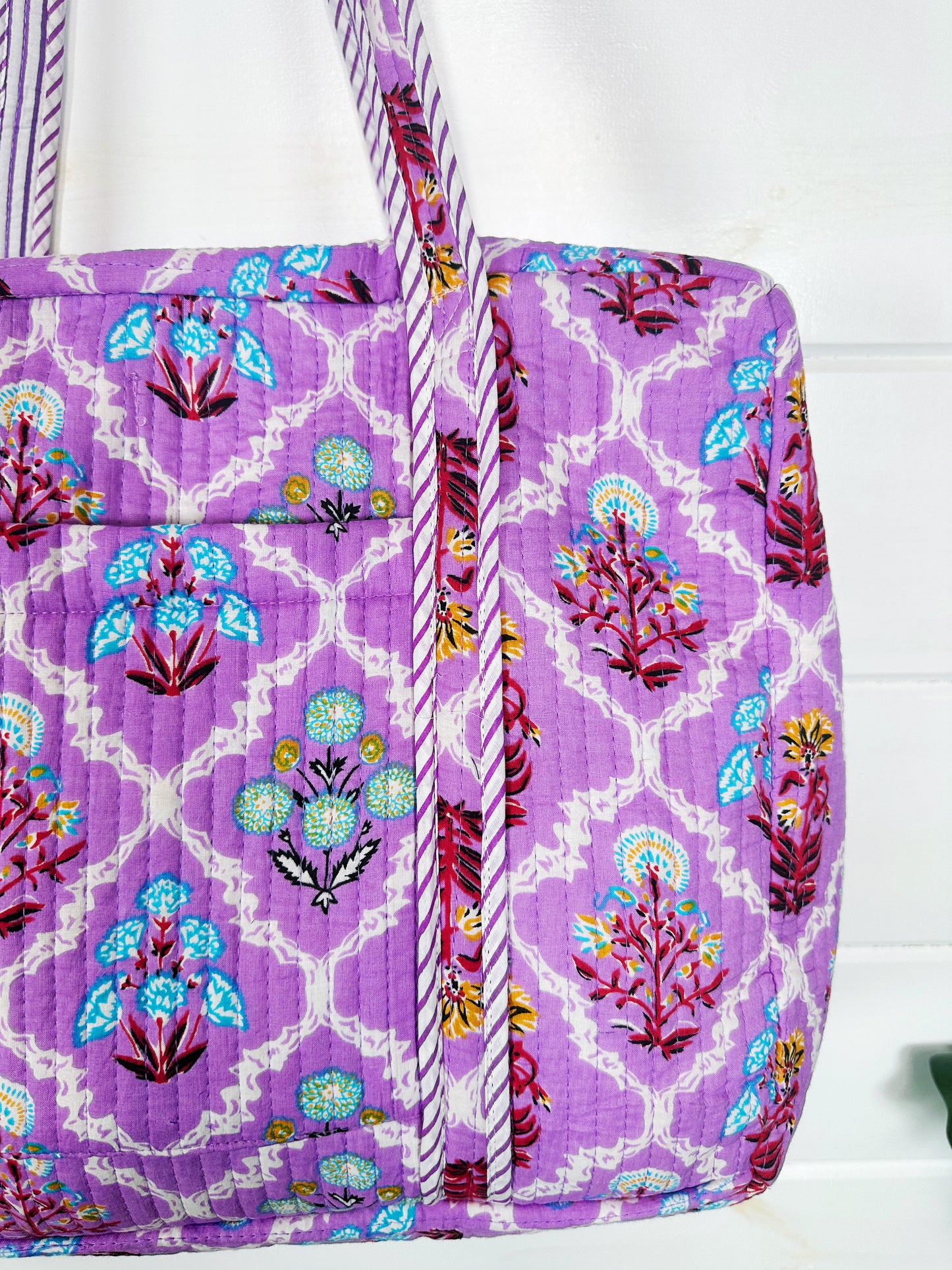 Purple Wildflower Print Quilted Weekender Overnight Bag
