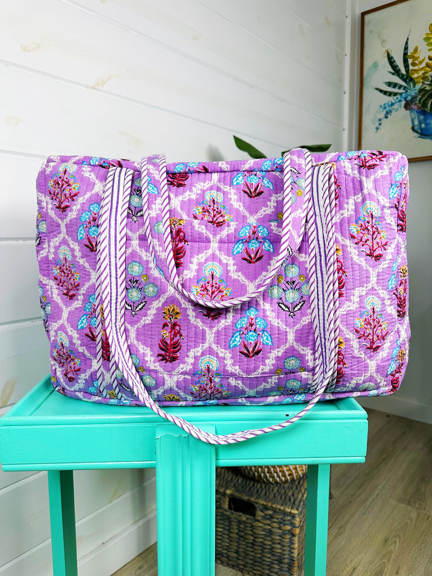 Purple Wildflower Print Quilted Weekender Overnight Bag
