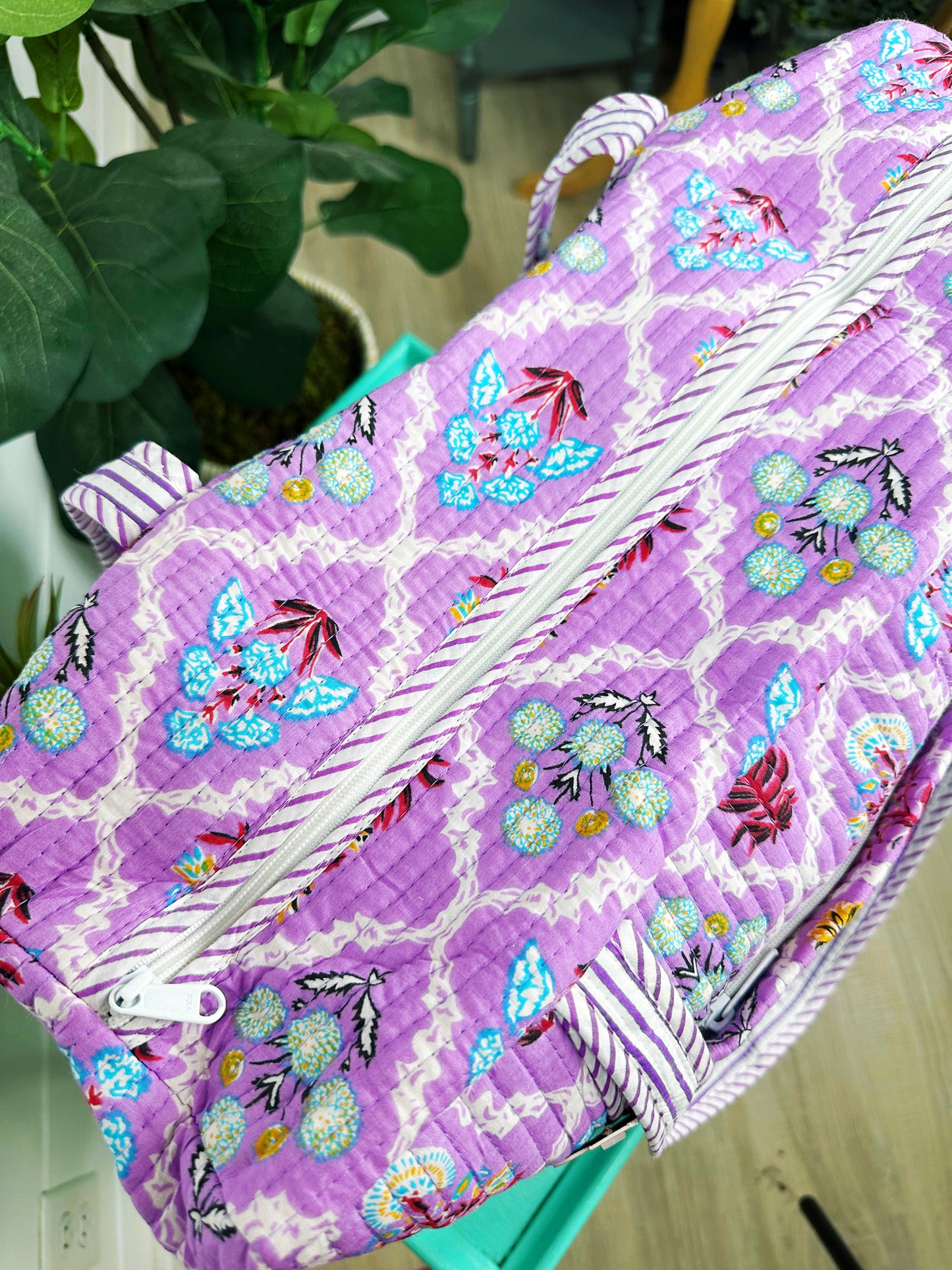 Purple Wildflower Print Quilted Weekender Overnight Bag