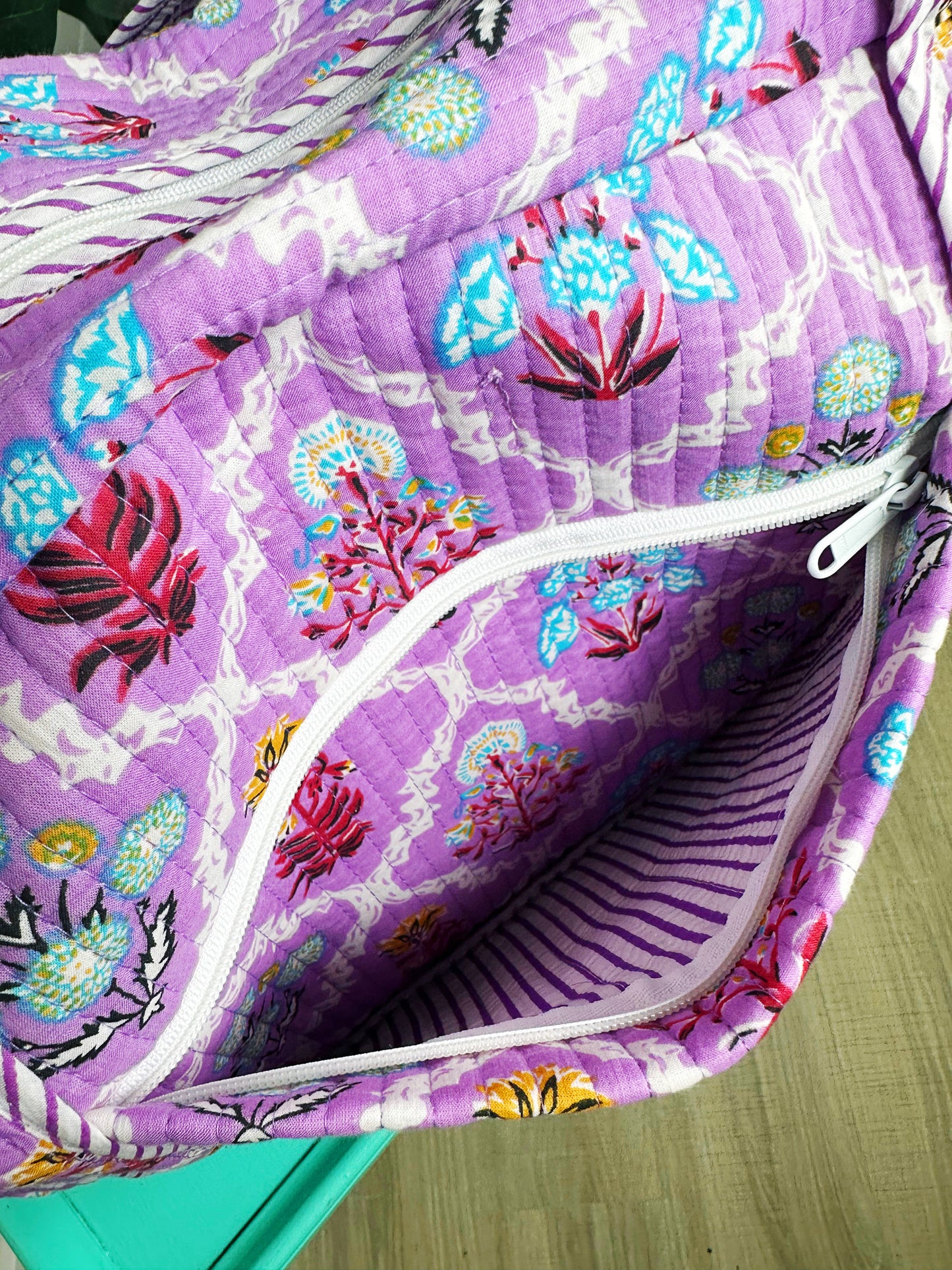 Purple Wildflower Print Quilted Weekender Overnight Bag