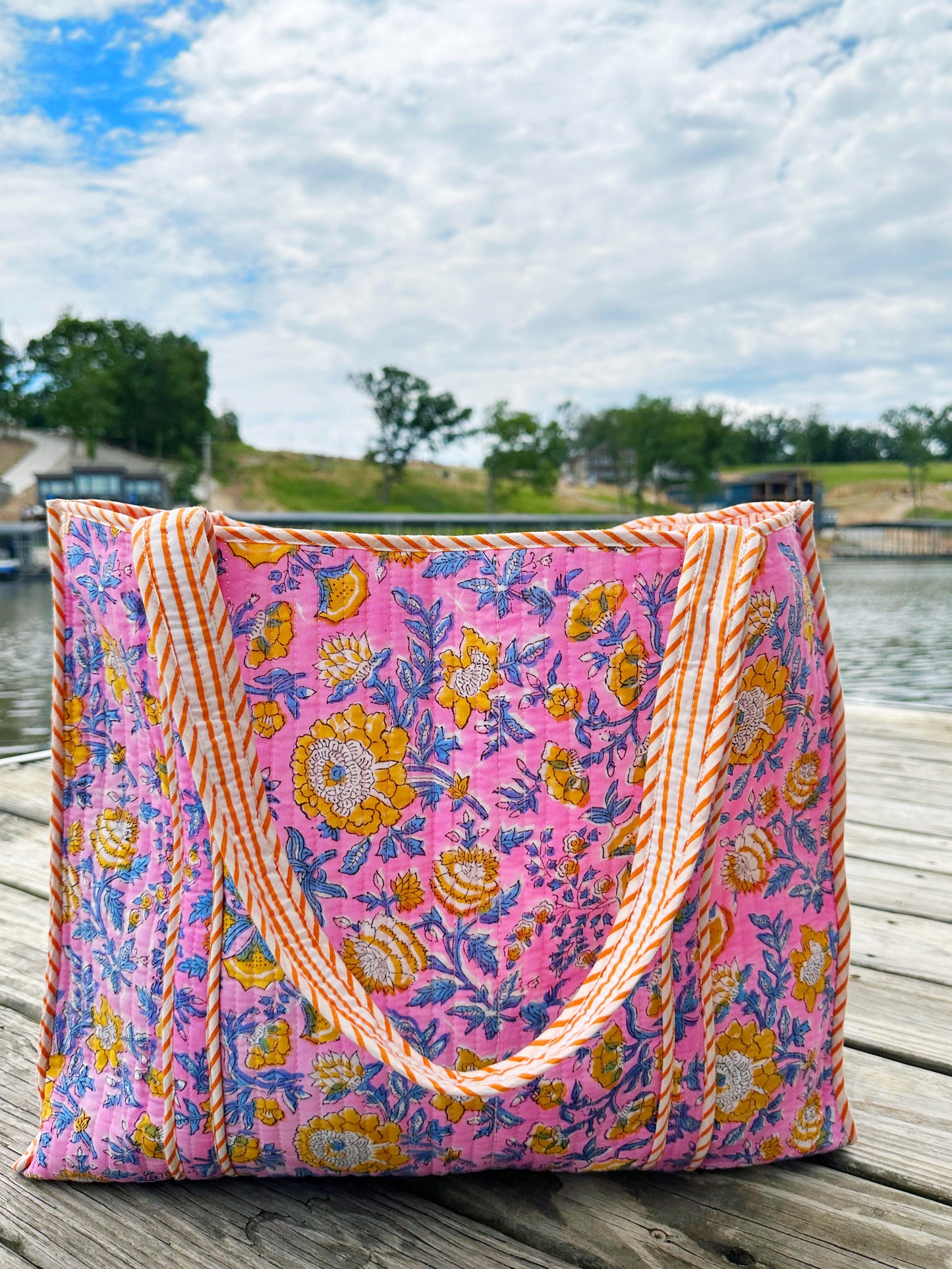 Pink Yellow Floral Print Quilted Cotton Tote Bag