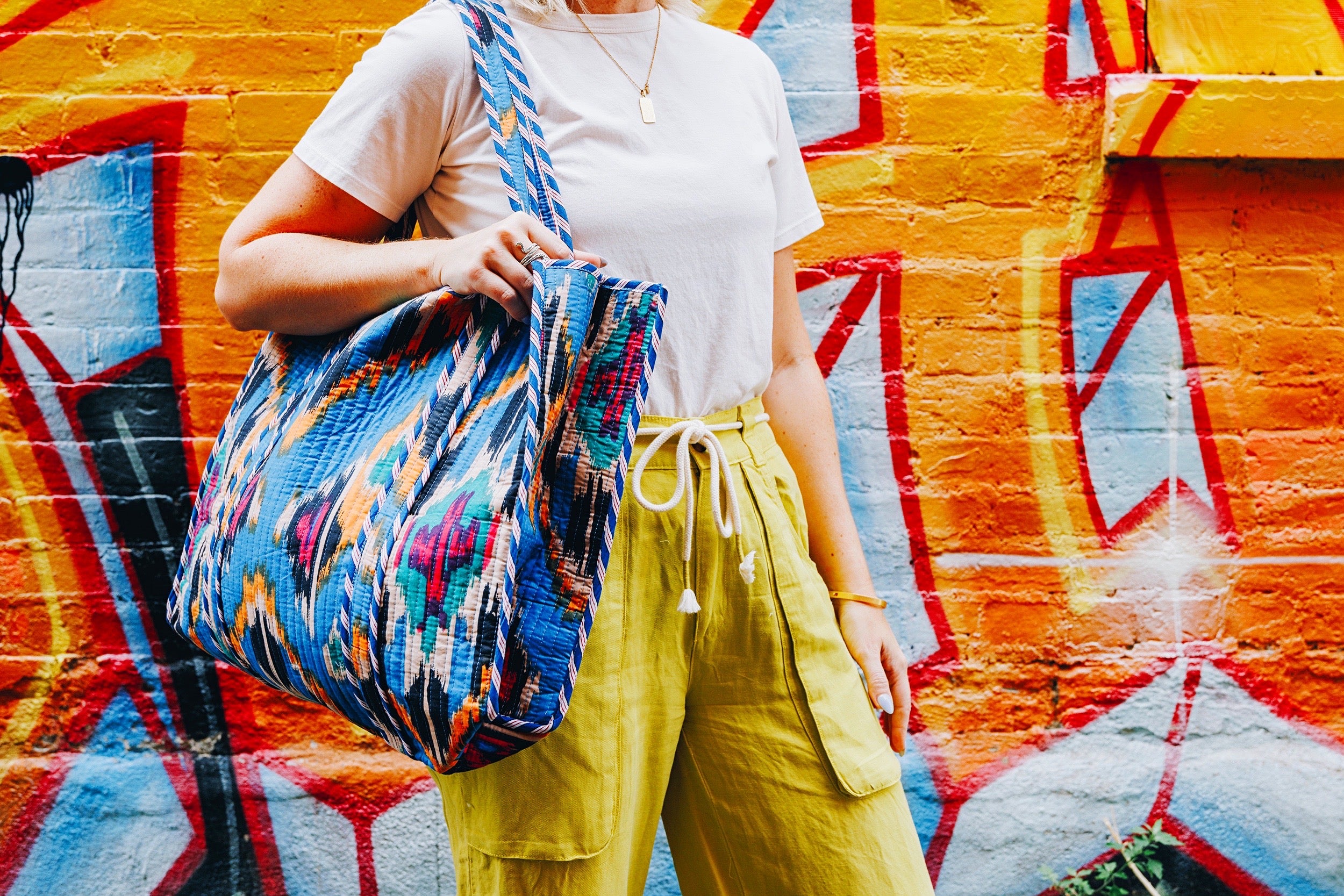 Blue Southwest Ikat Print Quilted Cotton Reversible Large Tote Bag