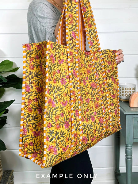 Quilted Block Print Tote Beach Bag Reversible - Aqua Blue
