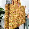 Quilted Block Print Tote Bag Reversible - Aqua Pink
